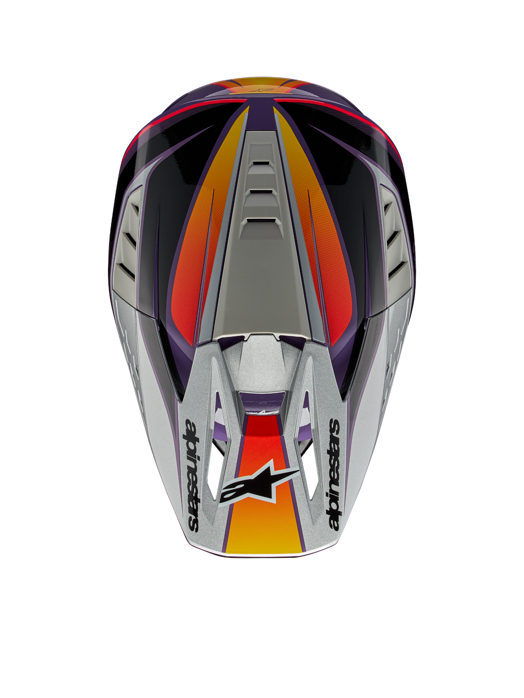 Alpinestars S-M5 Sail Helm ECE, Motocross-Helm, Violett, Schwarz und Silber glänzend, Draufsicht mit silbernem Helmschild und Alpinestars-Logo, orange-rote Farbverlauf-Akzente, aerodynamische Schale mit Belüftungsöffnungen, Hochleistungs-Offroad-Kopfschutz