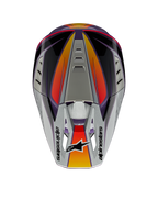 Alpinestars S-M5 Sail Helm ECE, Motocross-Helm, Violett, Schwarz und Silber glänzend, Draufsicht mit silbernem Helmschild und Alpinestars-Logo, orange-rote Farbverlauf-Akzente, aerodynamische Schale mit Belüftungsöffnungen, Hochleistungs-Offroad-Kopfschutz