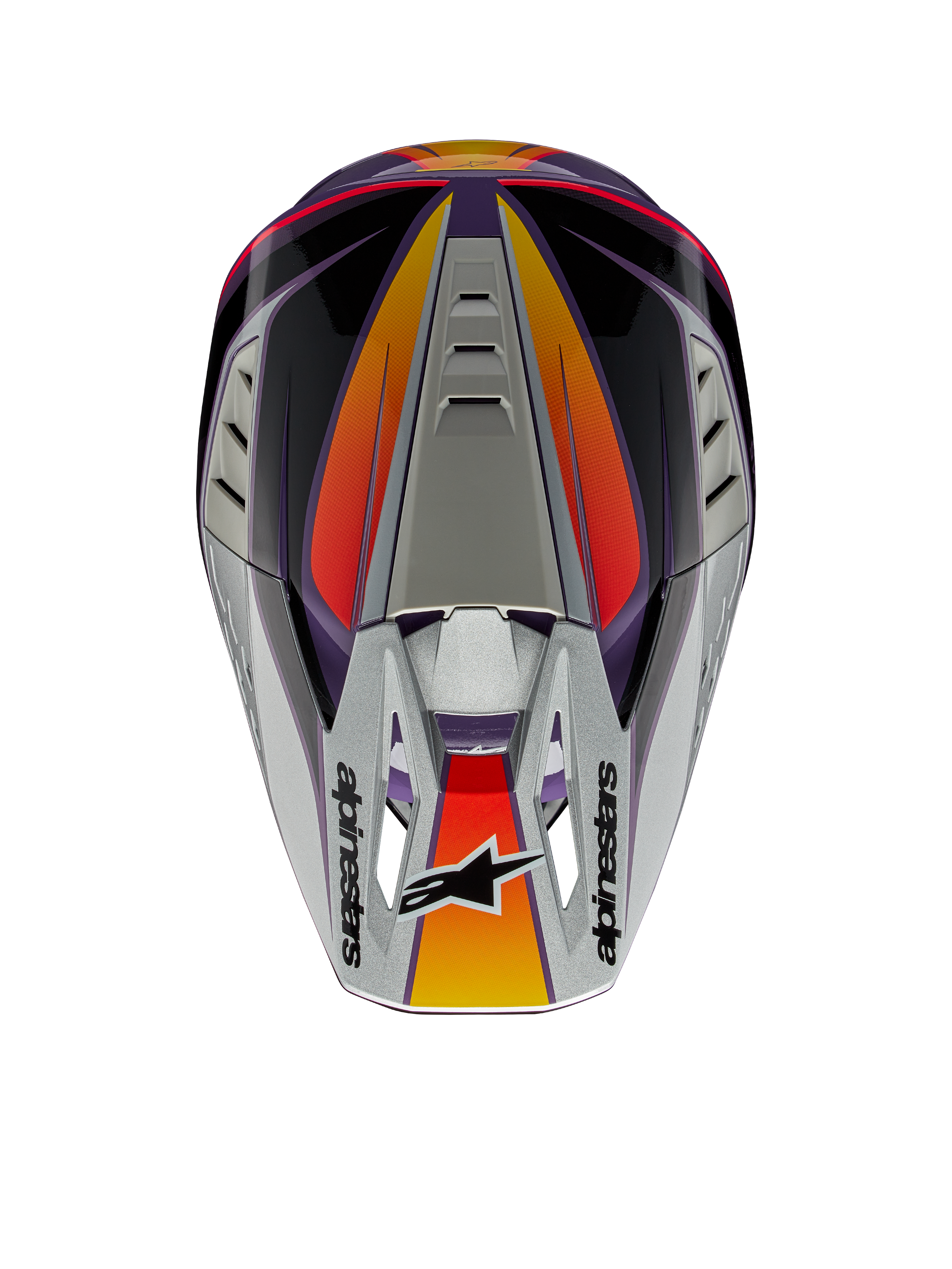 Alpinestars S-M5 Sail Helm ECE, Motocross-Helm, Violett, Schwarz und Silber glänzend, Draufsicht mit silbernem Helmschild und Alpinestars-Logo, orange-rote Farbverlauf-Akzente, aerodynamische Schale mit Belüftungsöffnungen, Hochleistungs-Offroad-Kopfschutz
