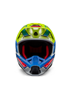 Alpinestars S-M5 Sail Helmet ECE, Motocross Helmet, Yellow Fluo and Enamel Blue with Silver Glossy finish, front-facing view showing red interior padding and aerodynamic visor, high-performance head protection for off-road racing