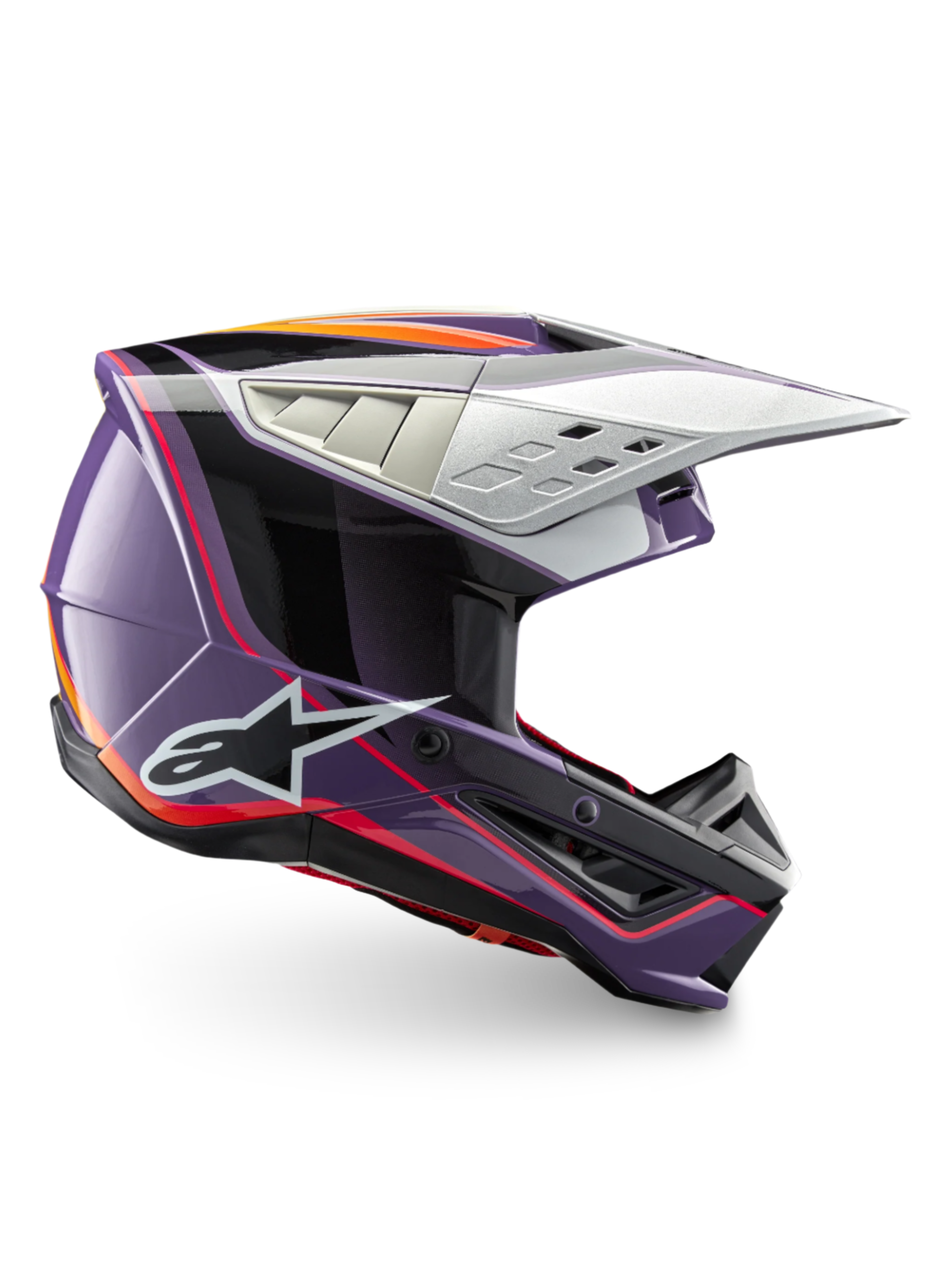 Alpinestars S-M5 Sail Helm, ECE 22.06 Motocross-Helm in glänzendem Violett, Schwarz und Silber für Offroad-Rennen.