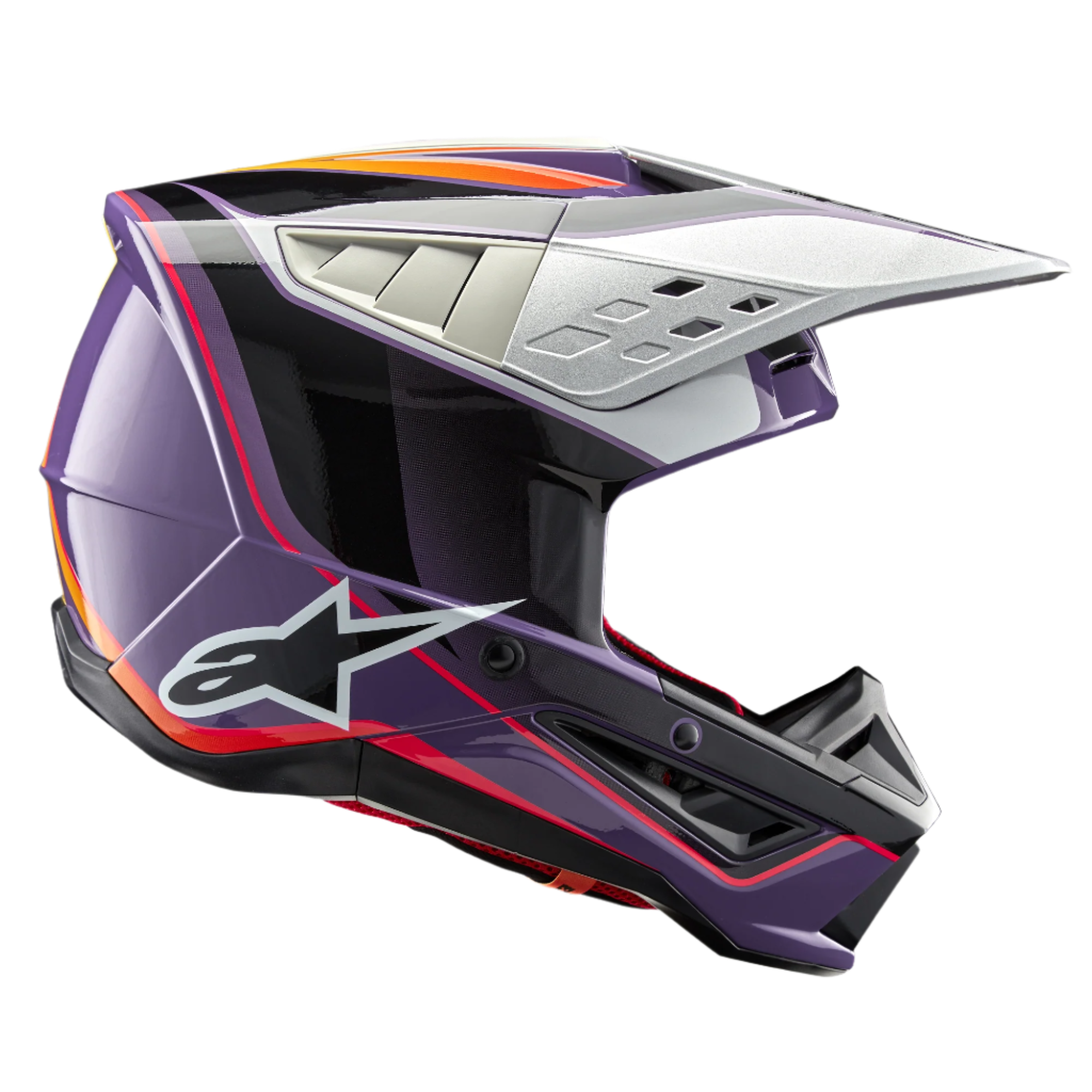 Alpinestars S-M5 Sail Helm ECE, Motocross-Helm, Lila, Schwarz und Silber glänzend, mit markanten orangefarbenen und roten Grafiken, silbernes belüftetes Visier, aerodynamische Schale mit weißem Stern-Logo, professioneller Offroad-Rennschutz
