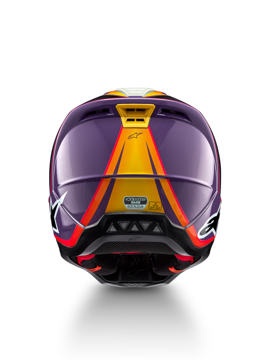 Alpinestars S-M5 Sail Helm, Motocross-Helm, Größe M, Violett und Gelb, ECE 22.06 zertifiziert, Rückansicht.