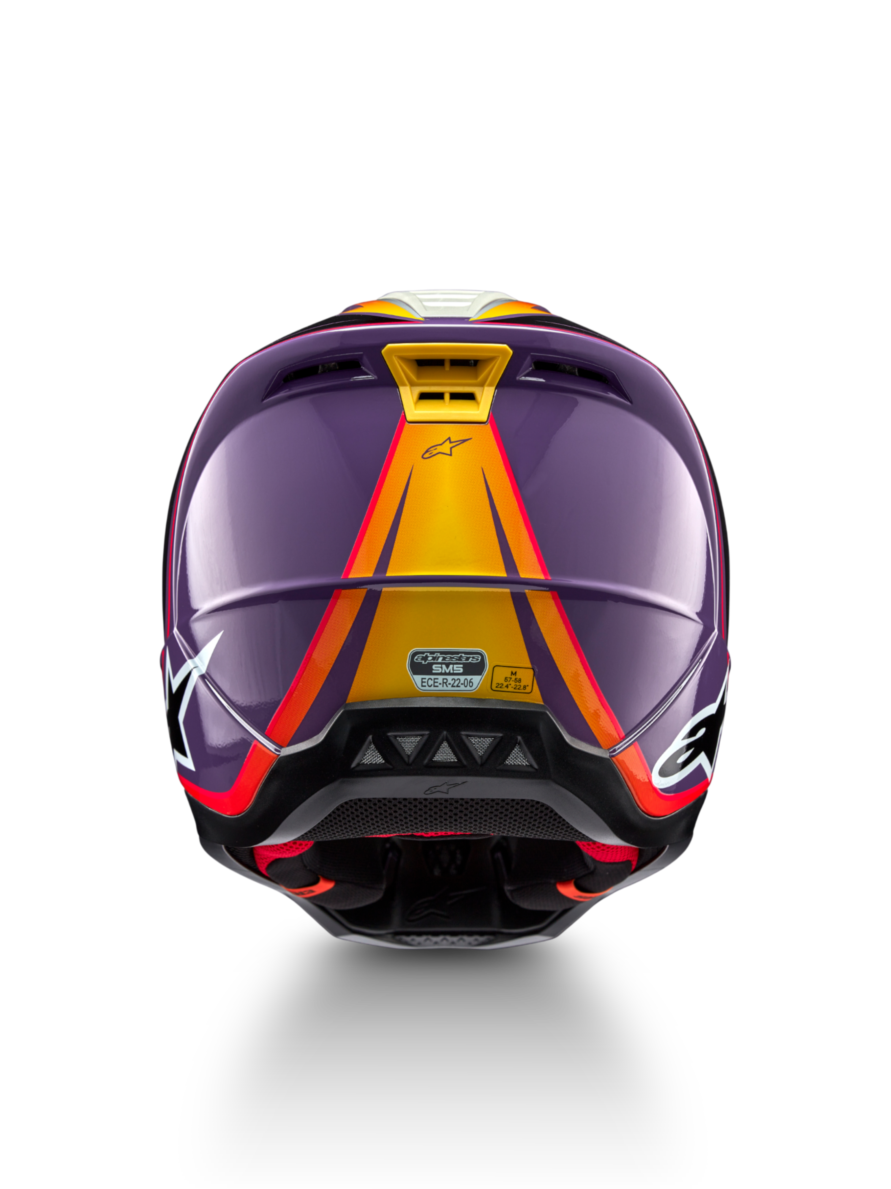 Alpinestars S-M5 Sail Helm, Motocross-Helm, Größe M, Violett und Gelb, ECE 22.06 zertifiziert, Rückansicht.