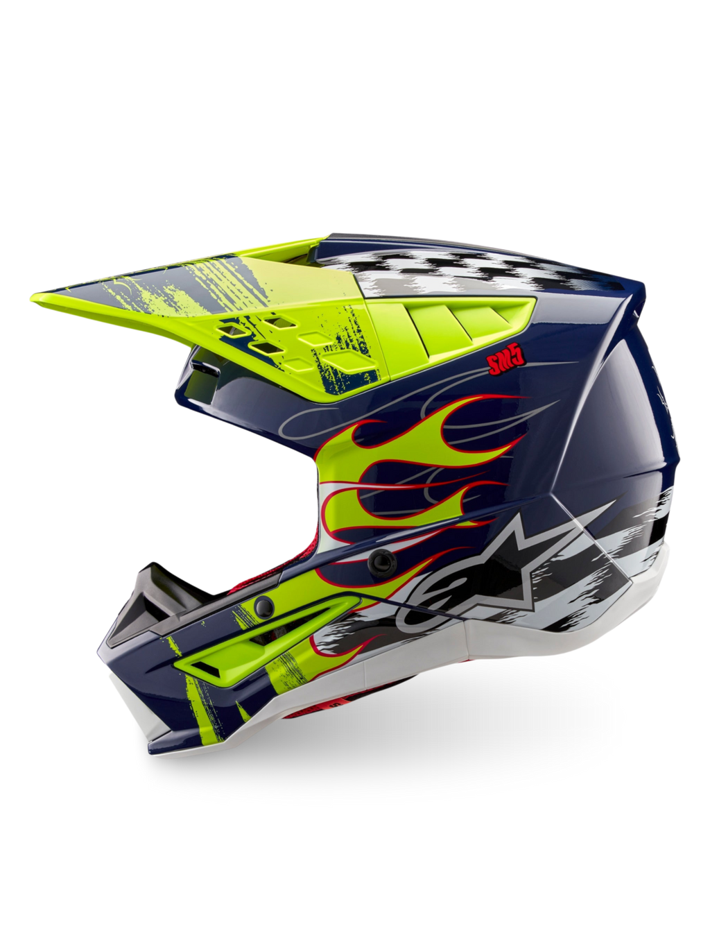 Alpinestars S-M5 Rash Helm, Motocross-Helm in Nachtmarine und Gelb Fluo Glänzend, ECE 22.06, mit Flammen- und Schachbrett-Grafiken.