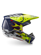 Alpinestars S-M5 Rash Helm ECE 22.06, Motocross-Helm in Marineblau und Gelb Fluo Glänzend mit Flammen-Grafik.