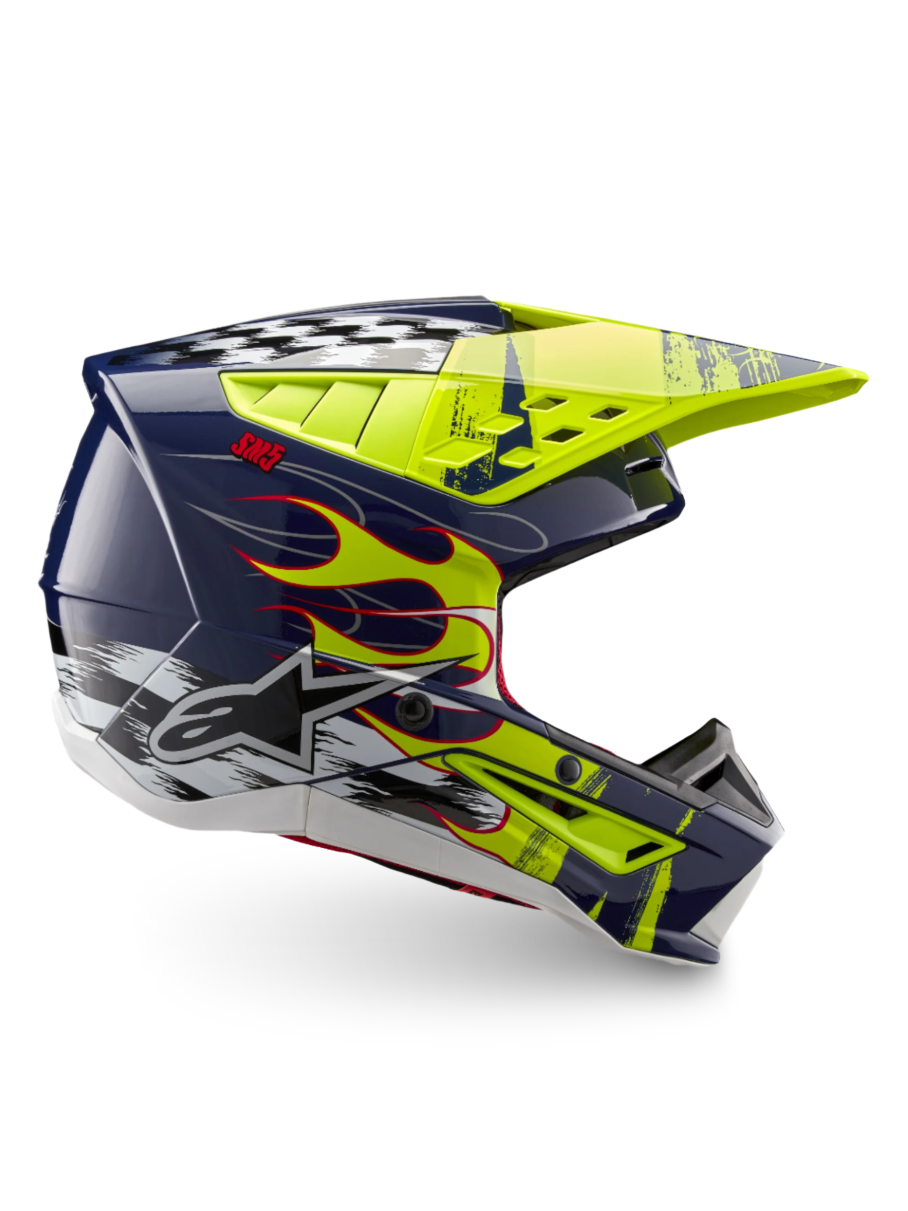 Alpinestars S-M5 Rash Helm ECE 22.06, Motocross-Helm in Marineblau und Gelb Fluo Glänzend mit Flammen-Grafik.