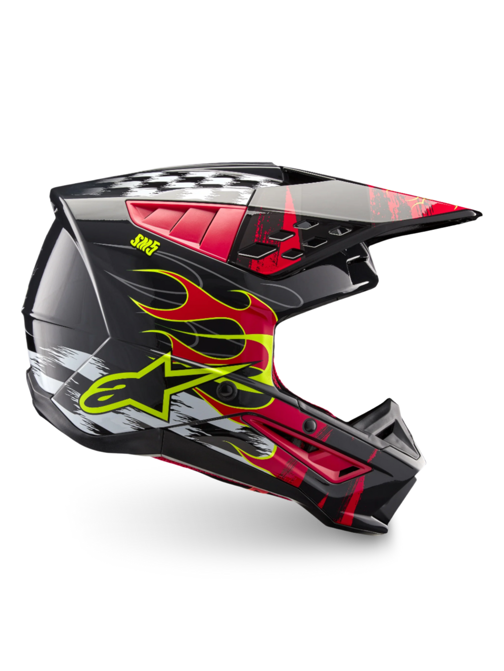Alpinestars S-M5 Rash Helm ECE 22.06, Motocross-Helm in Dunkelgrau und Hellrot mit gelben Flammen-Grafiken.