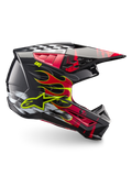 Alpinestars S-M5 Rash Helm ECE 22.06, Motocross-Helm in Dunkelgrau und Hellrot mit gelben Flammen-Grafiken.