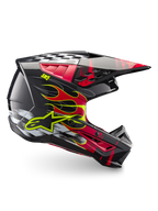 Alpinestars S-M5 Rash Helm ECE 22.06, Motocross-Helm in Dunkelgrau und Hellrot mit gelben Flammen-Grafiken.