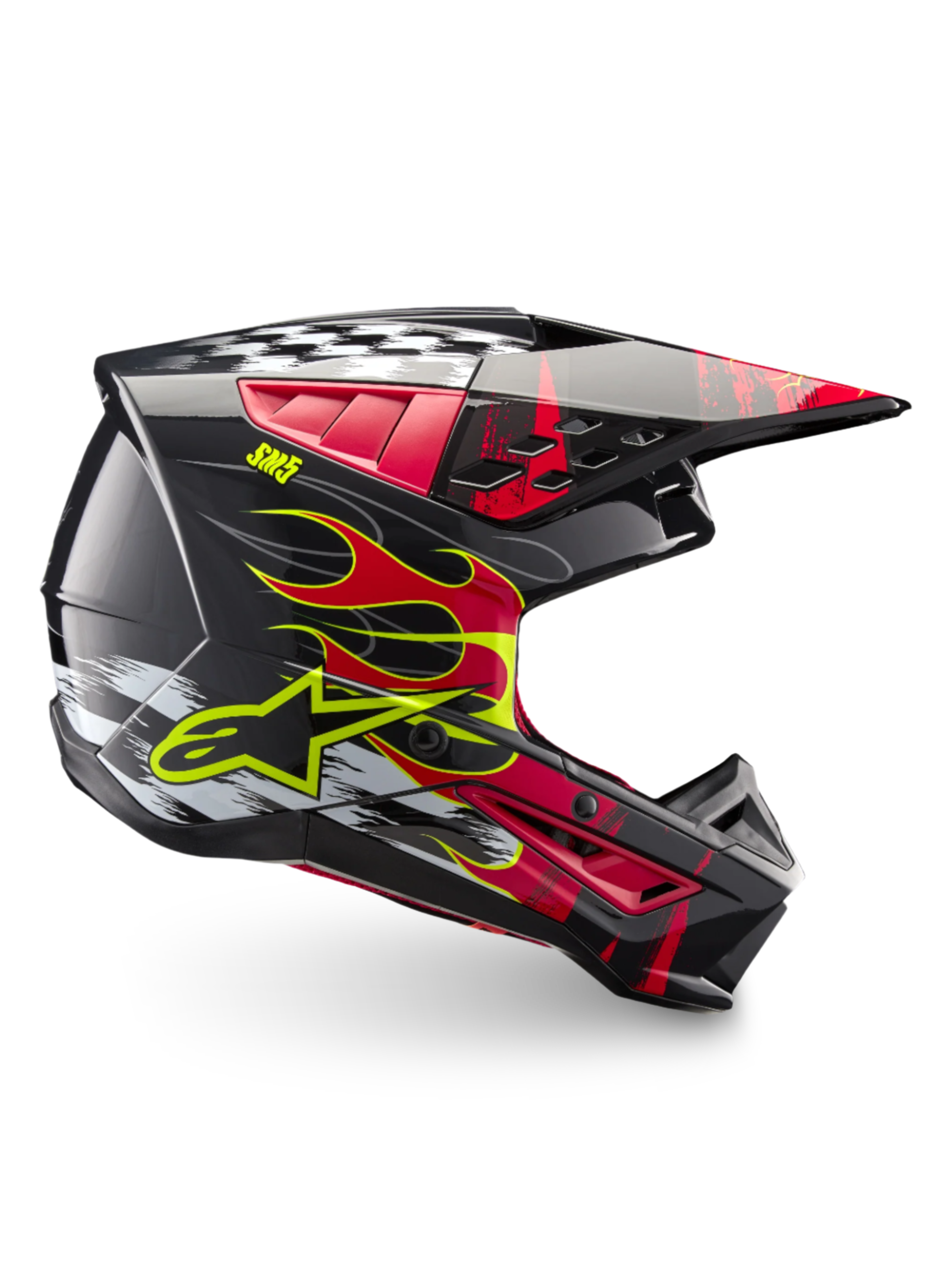 Alpinestars S-M5 Rash Helm ECE 22.06, Motocross-Helm in Dunkelgrau und Hellrot mit gelben Flammen-Grafiken.