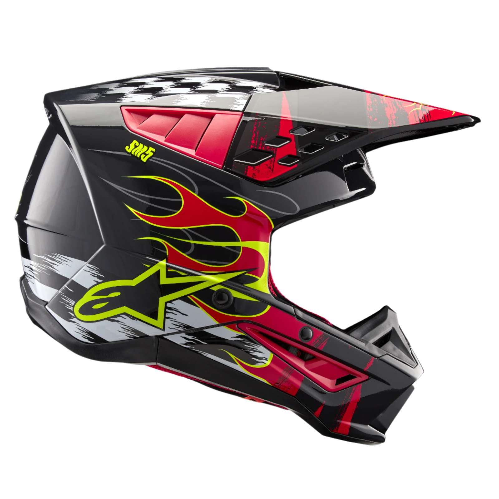 Alpinestars S-M5 Rash Helm ECE, Motocross-Helm, Dunkelgrau und Hellrot glänzend, Seitenansicht mit Flammen-Grafiken in Rot und Gelb, Karomuster oben und markantem Alpinestars Stern-Logo