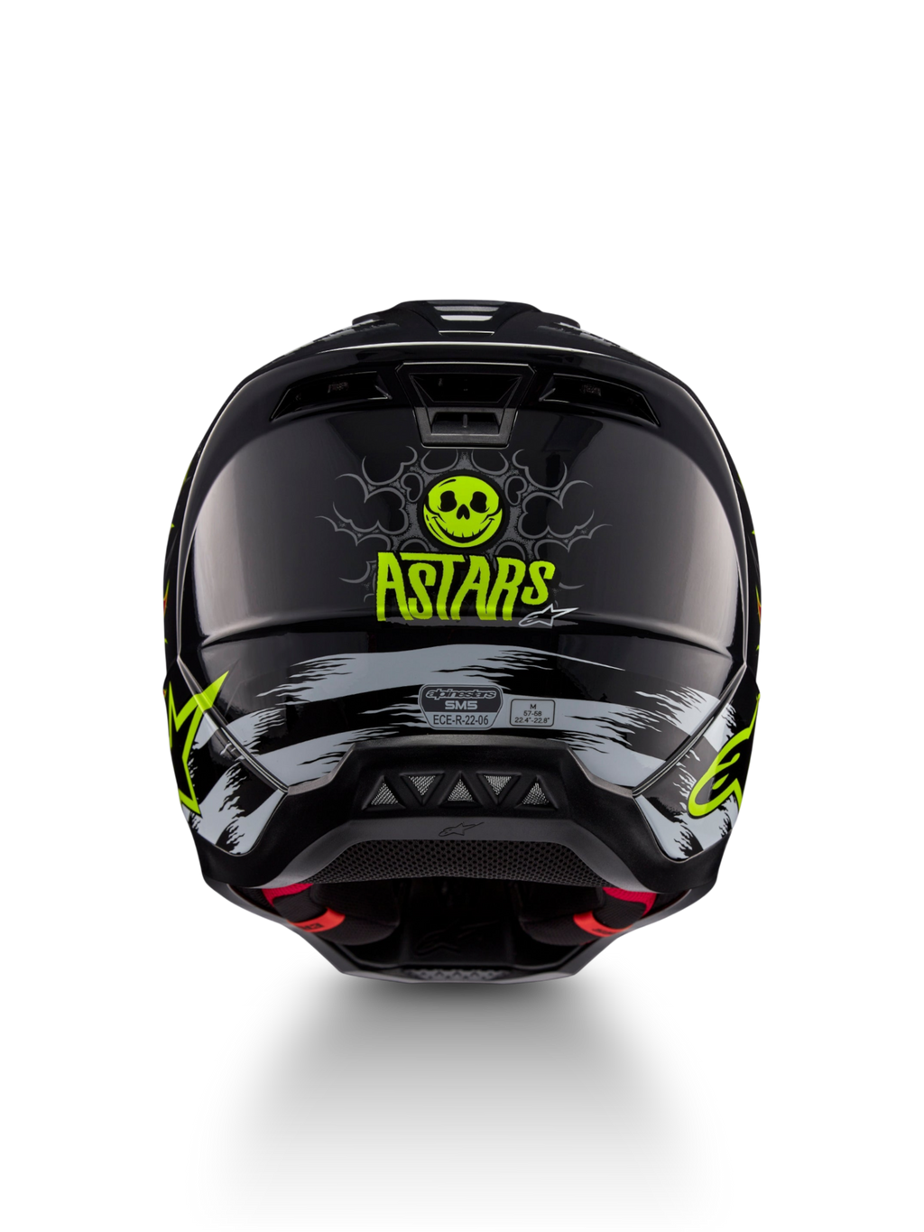 Alpinestars S-M5 Rash Helm, Motocross-Helm in Schwarz und Neongelb mit Totenkopf-Grafik, Rückansicht, ECE 22.06-zertifiziert.