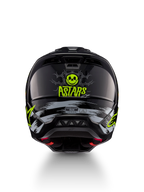 Alpinestars S-M5 Rash Helm, Motocross-Helm in Schwarz und Neongelb mit Totenkopf-Grafik, Rückansicht, ECE 22.06-zertifiziert.