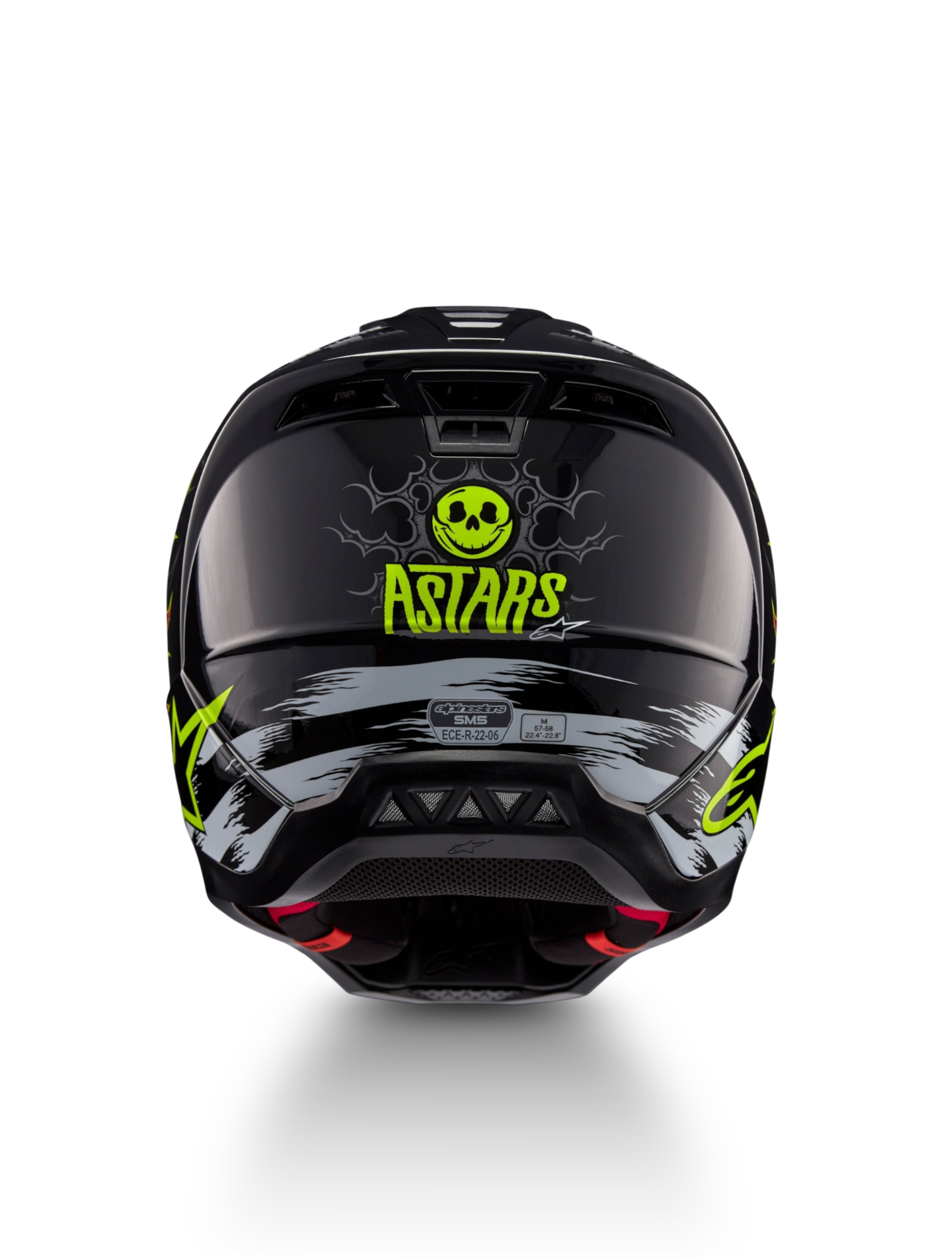 Alpinestars S-M5 Rash Helm, Motocross-Helm in Schwarz und Neongelb mit Totenkopf-Grafik, Rückansicht, ECE 22.06-zertifiziert.