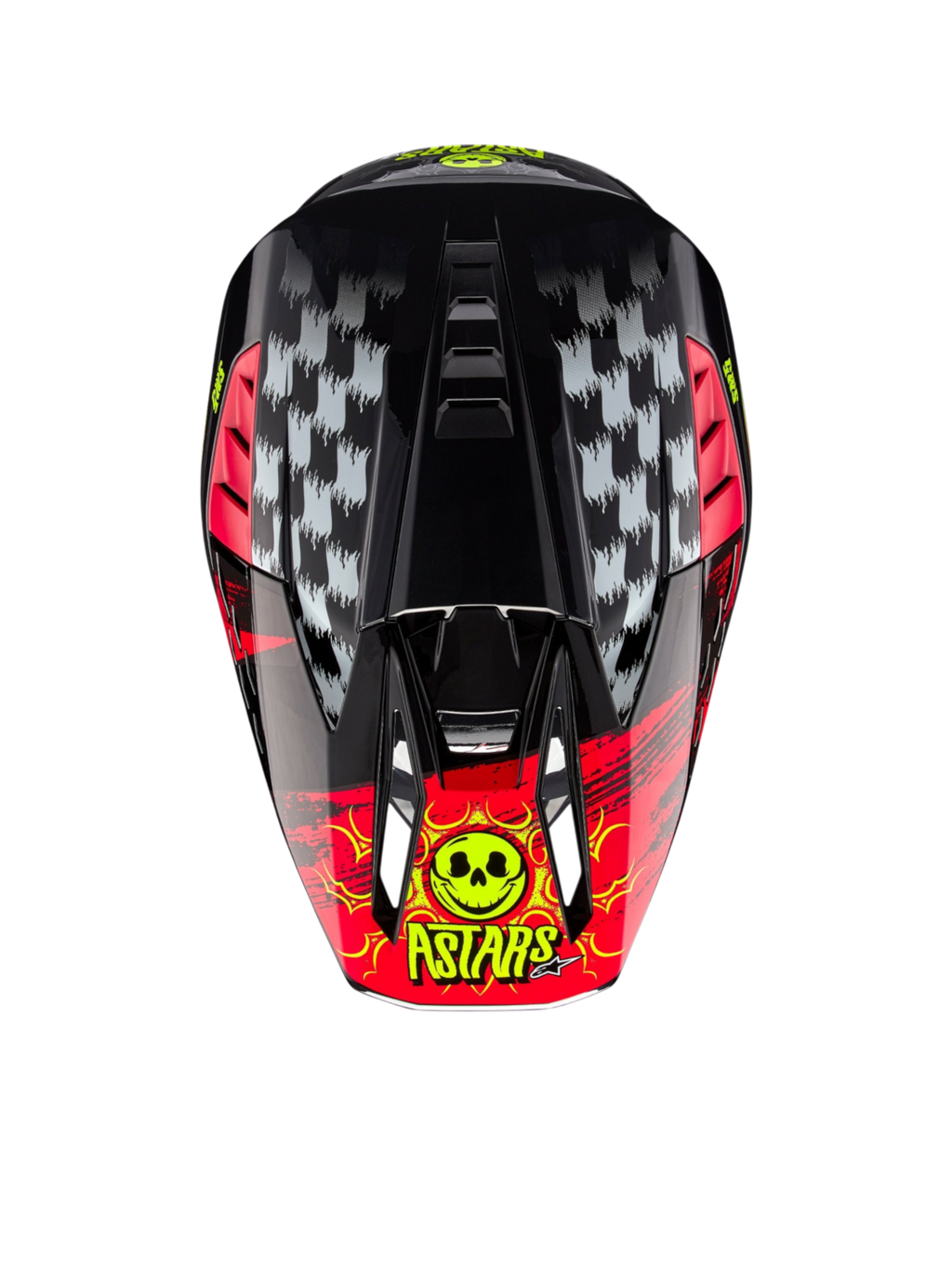 Alpinestars S-M5 Rash Helm ECE 22.06, Motocross-Helm in Dunkelgrau und Hellrot, Draufsicht mit markanter Totenkopf-Grafik.