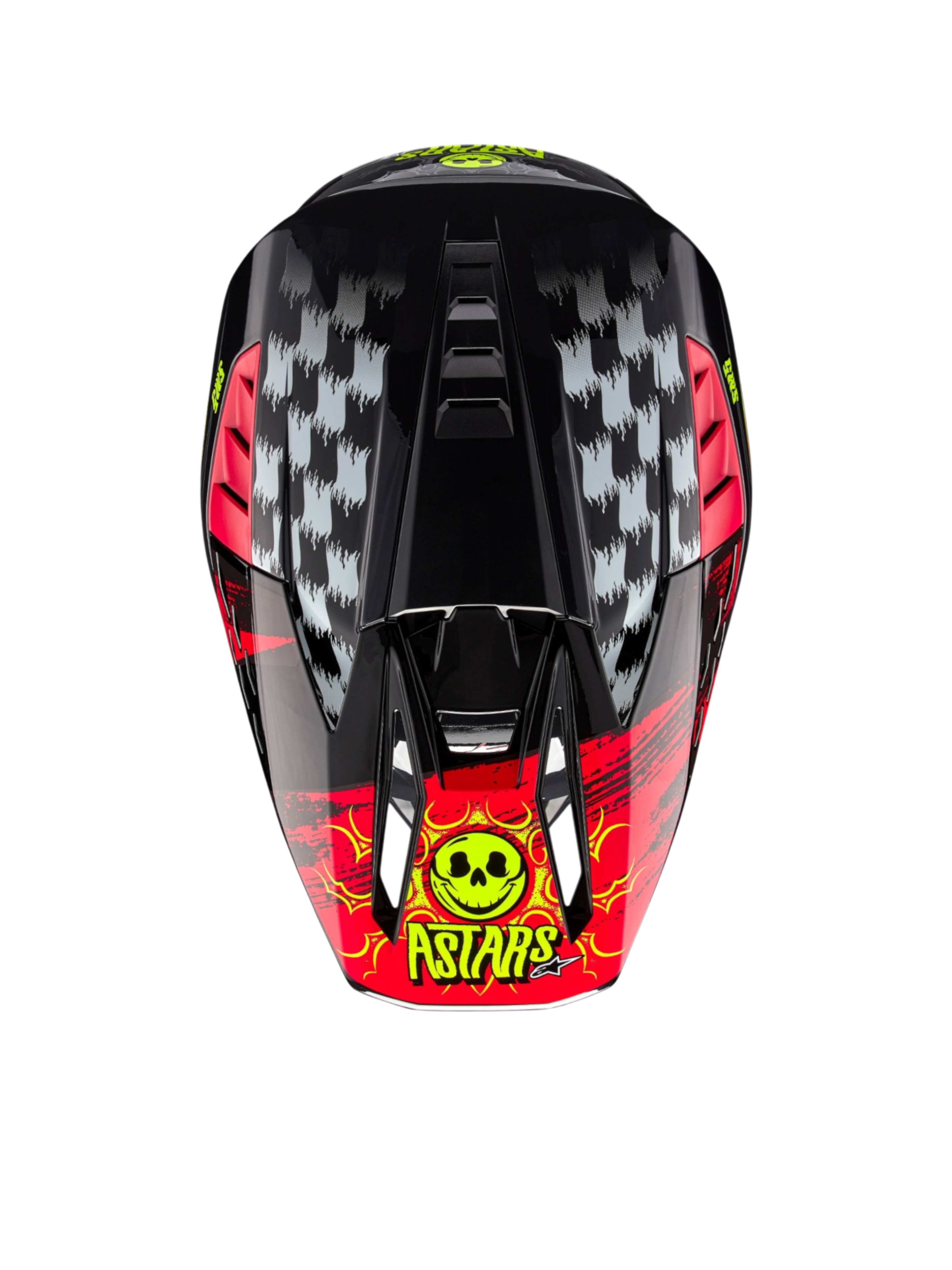 Alpinestars S-M5 Rash Helm ECE 22.06, Motocross-Helm in Dunkelgrau und Hellrot, Draufsicht mit markanter Totenkopf-Grafik.