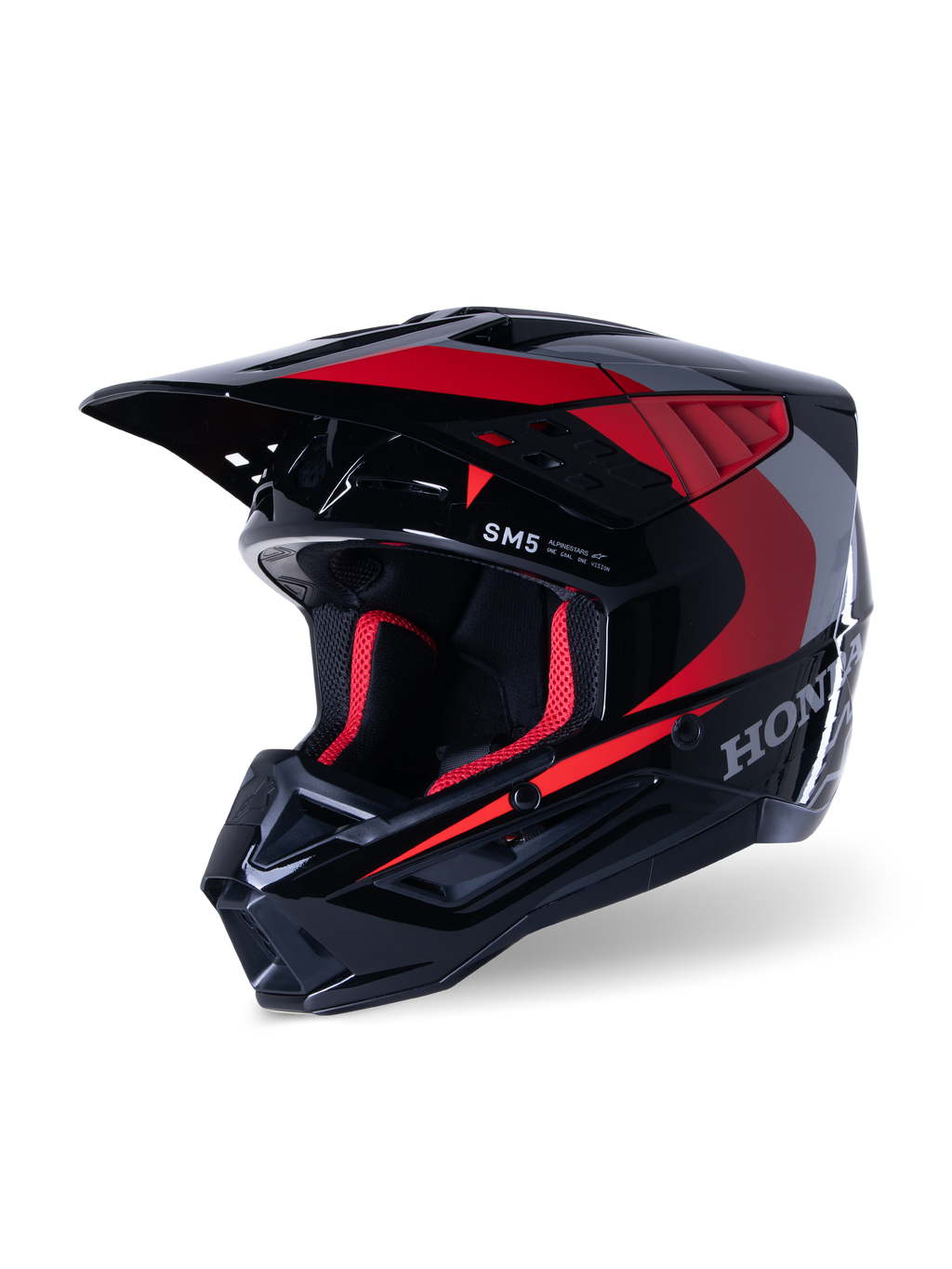 Alpinestars Honda S-M5 Helm, Motocross-Helm, Schwarz Rot Glänzend, mit silbernen Honda-Grafiken und SM5-Logo, aerodynamisches Profil mit großen Lufteinlässen und einem verstellbaren Helmschild, konzipiert für den Offroad-Rennsport
