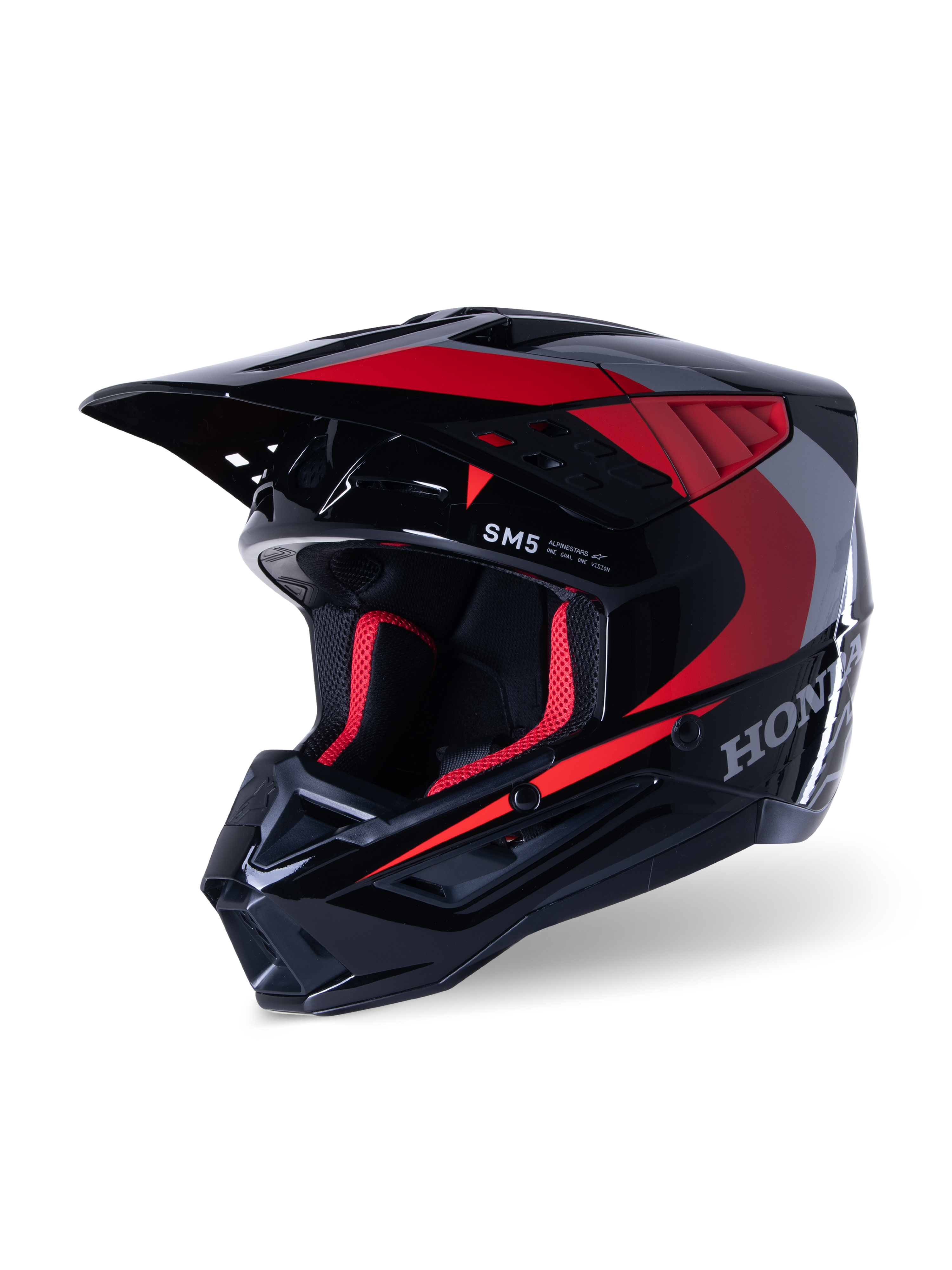 Alpinestars Honda S-M5 Helm, Motocross-Helm, Schwarz Rot Glänzend, mit silbernen Honda-Grafiken und SM5-Logo, aerodynamisches Profil mit großen Lufteinlässen und einem verstellbaren Helmschild, konzipiert für den Offroad-Rennsport