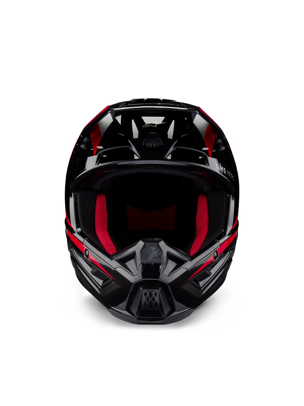 Alpinestars Honda S-M5 ECE Helm, Motocross-Helm, Schwarz-Rot glänzend, Frontansicht mit glänzendem schwarzem Finish und roten Grafiken, leuchtend rote Innenpolsterung, kantiges Design mit mehreren Lufteinlässen, Hochleistungsschutz für Motocross