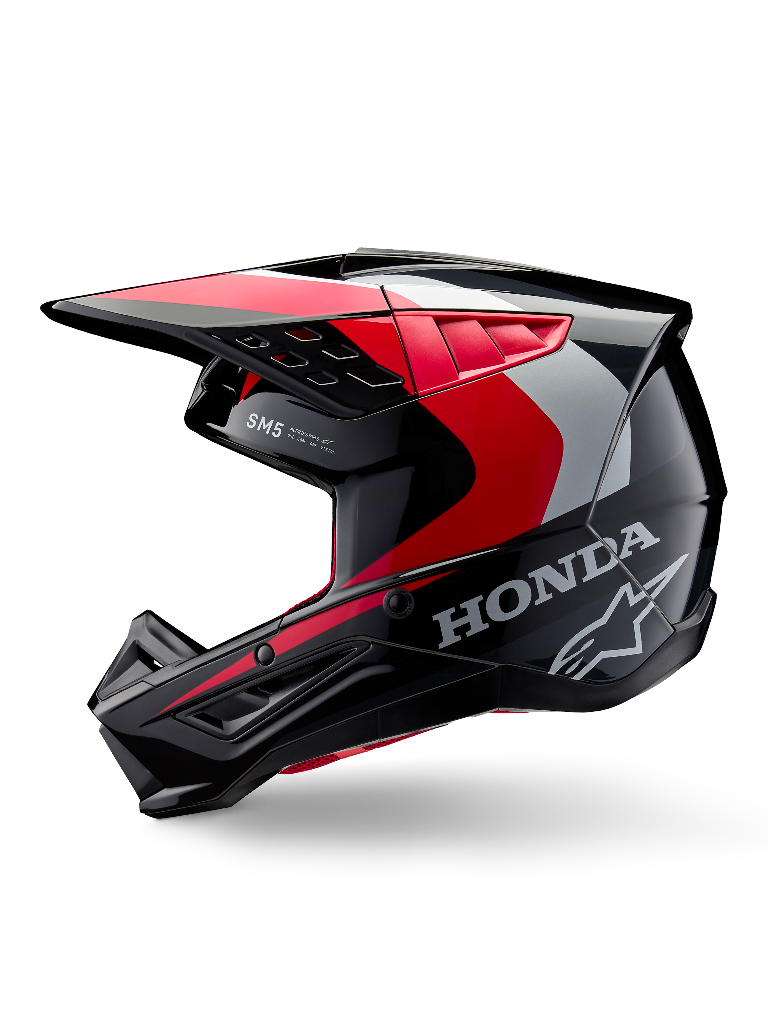 Alpinestars Honda S-M5 Helm, Motocross-Helm, Schwarz, Rot und Silber glänzend, Seitenansicht mit Honda-Branding und Alpinestars Stern-Logo, schlankes Design mit integriertem Helmschirm und Belüftungsöffnungen für Offroad-Performance