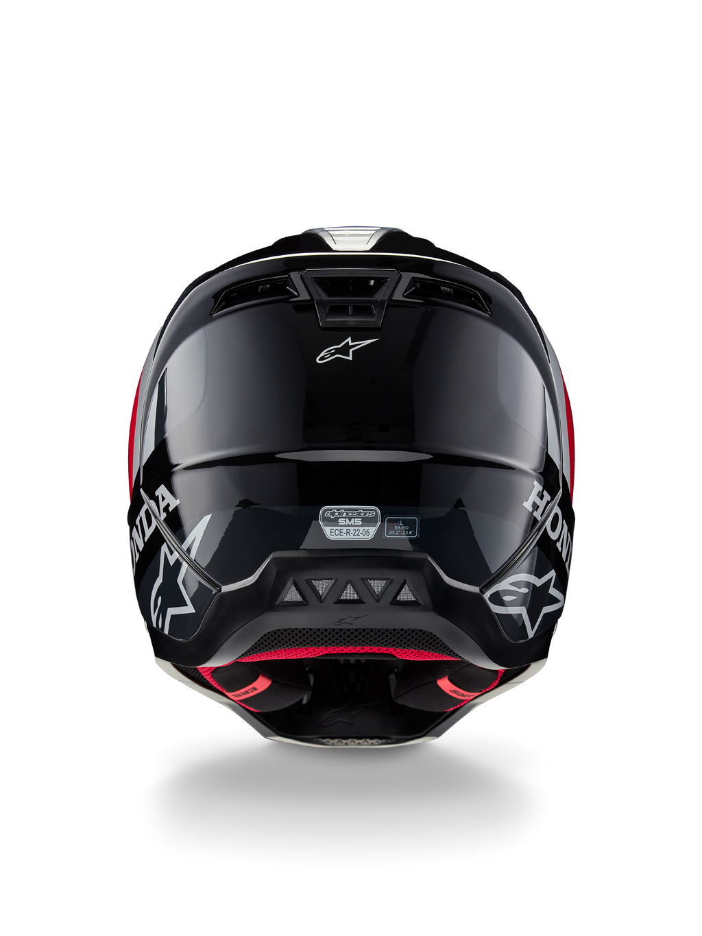 Alpinestars Honda S-M5 Helm ECE, Motocross-Helm, Schwarz Rot Glänzend, Rückansicht zeigt glänzend schwarze Schale mit weißen Honda- und Alpinestars-Logos, rotem Innenfutter und ECE-Sicherheitszertifizierungsetikett