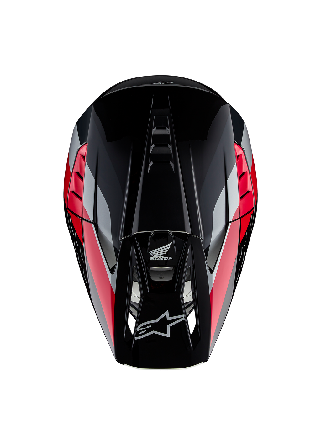Honda S-M5 Helm ECE, Motocross-Helm, Schwarz Rot Glänzend mit roten und silbernen Grafikstreifen, Draufsicht mit aerodynamischer Schale und belüftetem Visier, Alpinestars- und Honda-Logos, Hochleistungs-Offroad-Ausrüstung