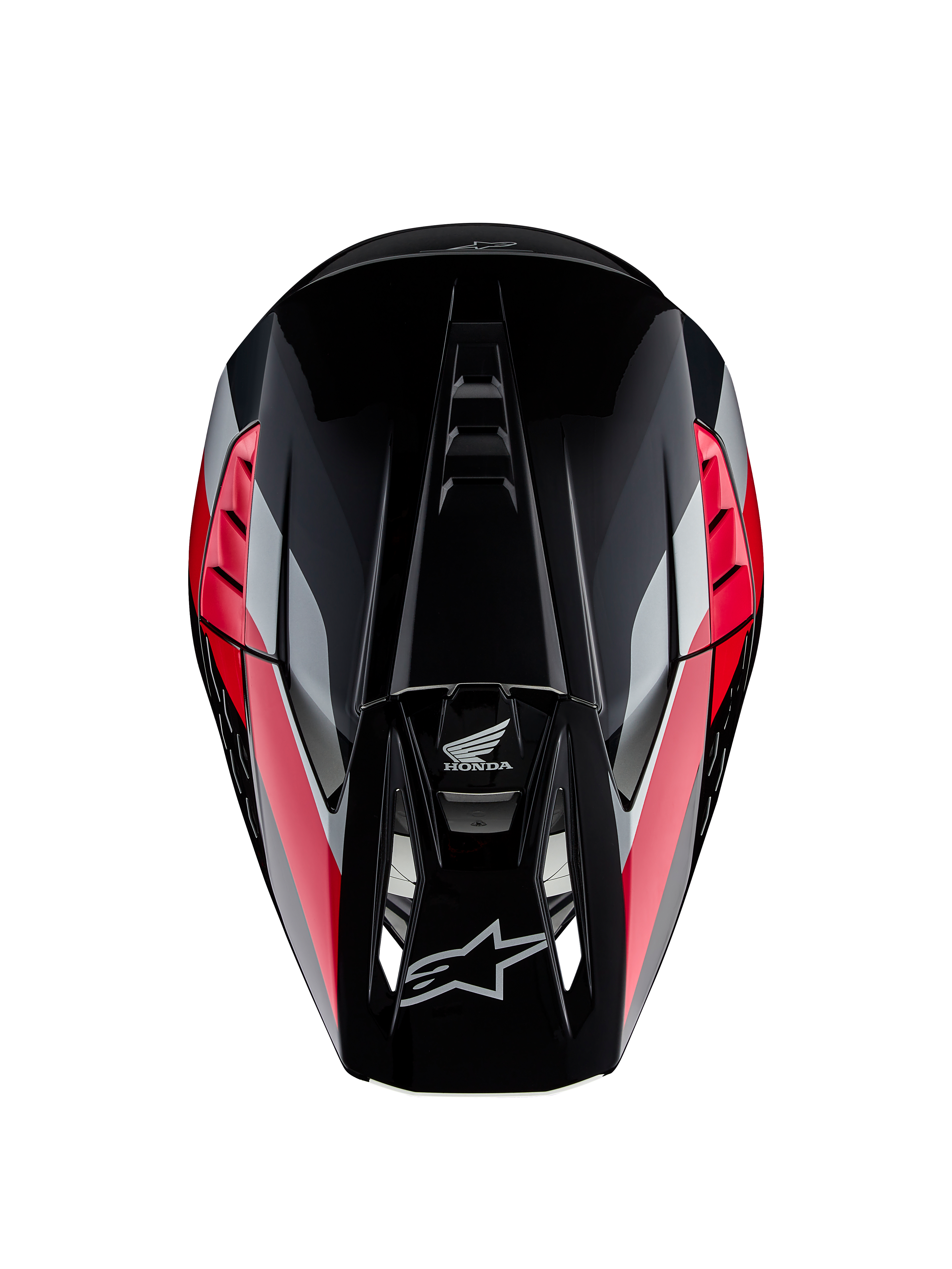 Honda S-M5 Helm ECE, Motocross-Helm, Schwarz Rot Glänzend mit roten und silbernen Grafikstreifen, Draufsicht mit aerodynamischer Schale und belüftetem Visier, Alpinestars- und Honda-Logos, Hochleistungs-Offroad-Ausrüstung
