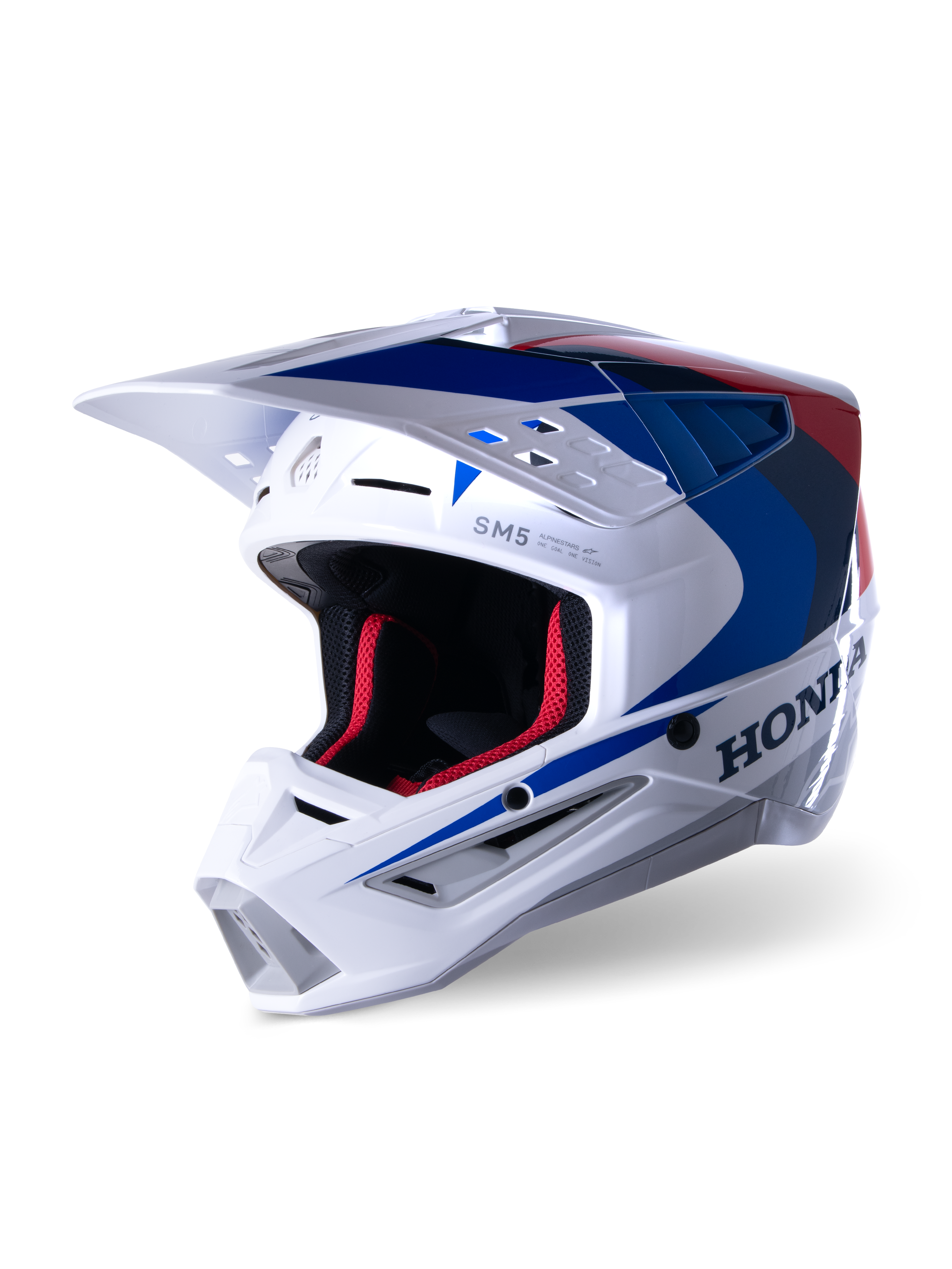 Alpinestars Honda S-M5 Helm ECE, Motocross-Helm, Weiß, Blau und Rot glänzend, mit markantem Honda-Branding an der Seite, roter Mesh-Innenpolsterung, aerodynamisches Visier mit integrierten Belüftungsöffnungen, elegantes Grafikdesign für den Offroad-Rennsport