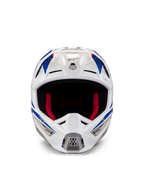Alpinestars Honda S-M5 Helm ECE, Motocross-Helm, Weiß, Blau und Rot glänzend, Frontansicht mit Belüftungsöffnungen und roter Innenpolsterung, aerodynamisches Design für Schutz im Offroad-Rennsport