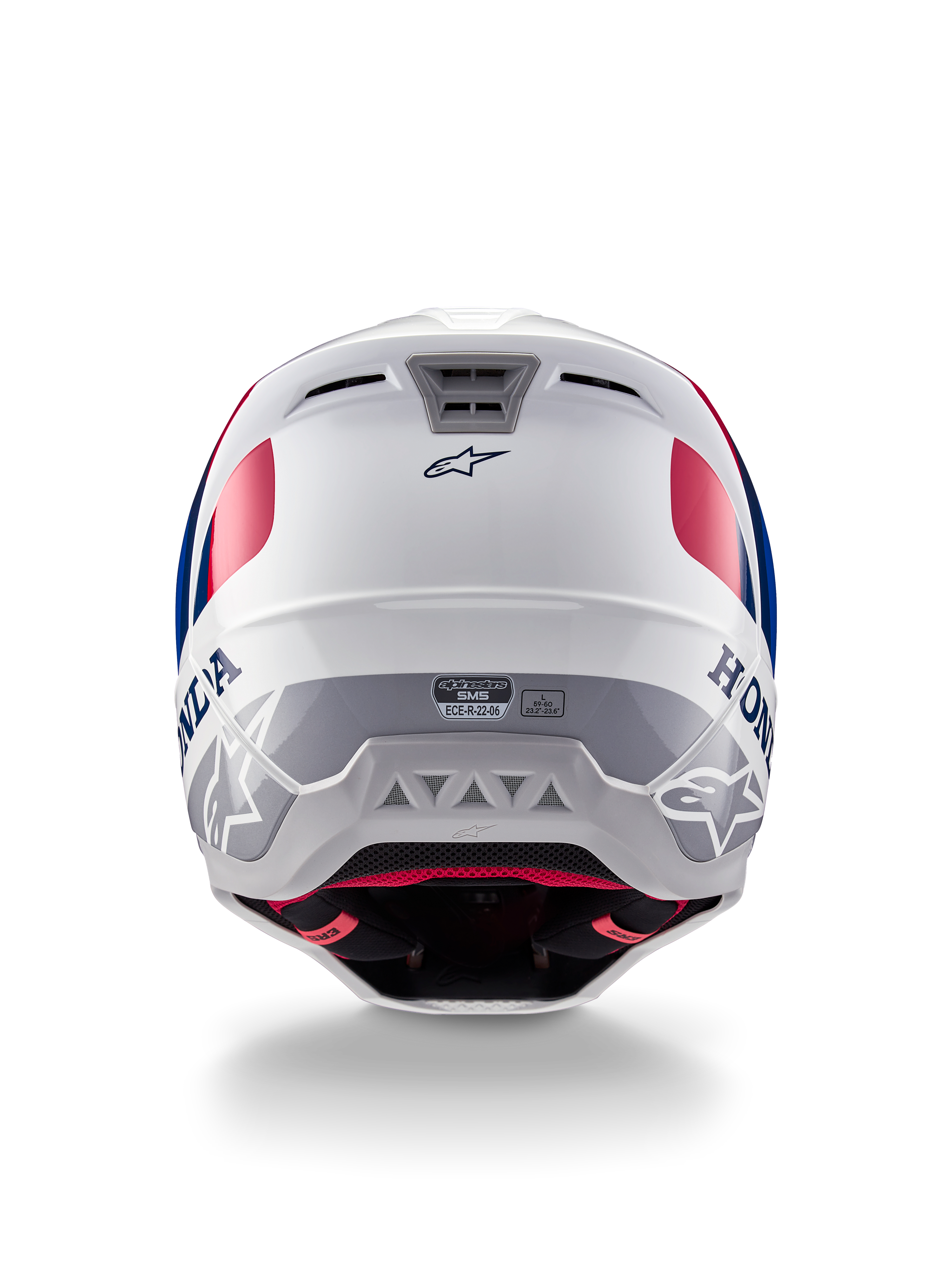 Alpinestars Honda S-M5 Helm ECE, Motocross-Helm, Weiß, Blau und Rot glänzend, Rückansicht mit Honda- und Alpinestars-Branding, schlanke Schale mit integrierten Belüftungsauslassöffnungen und ECE-Zertifizierungslabel.