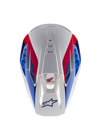 Alpinestars Honda S-M5 Helm ECE, Motocross-Helm, Weiß-Blau-Rot Glänzend, Draufsicht mit Fokus auf Belüftungskanäle, rot-blaue Grafiken mit Honda- und Alpinestars-Logos