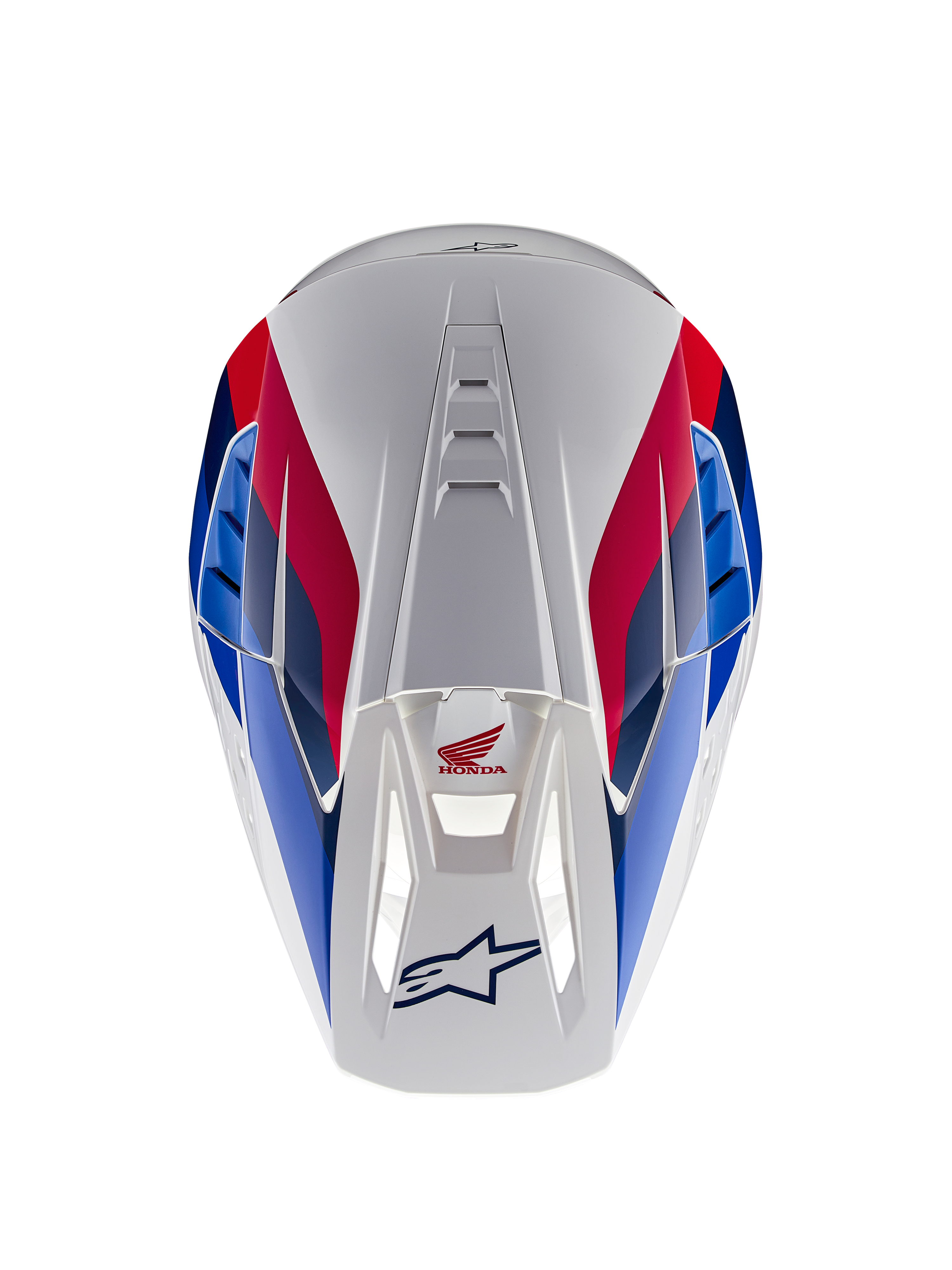 Alpinestars Honda S-M5 Helm ECE, Motocross-Helm, Weiß-Blau-Rot Glänzend, Draufsicht mit Fokus auf Belüftungskanäle, rot-blaue Grafiken mit Honda- und Alpinestars-Logos