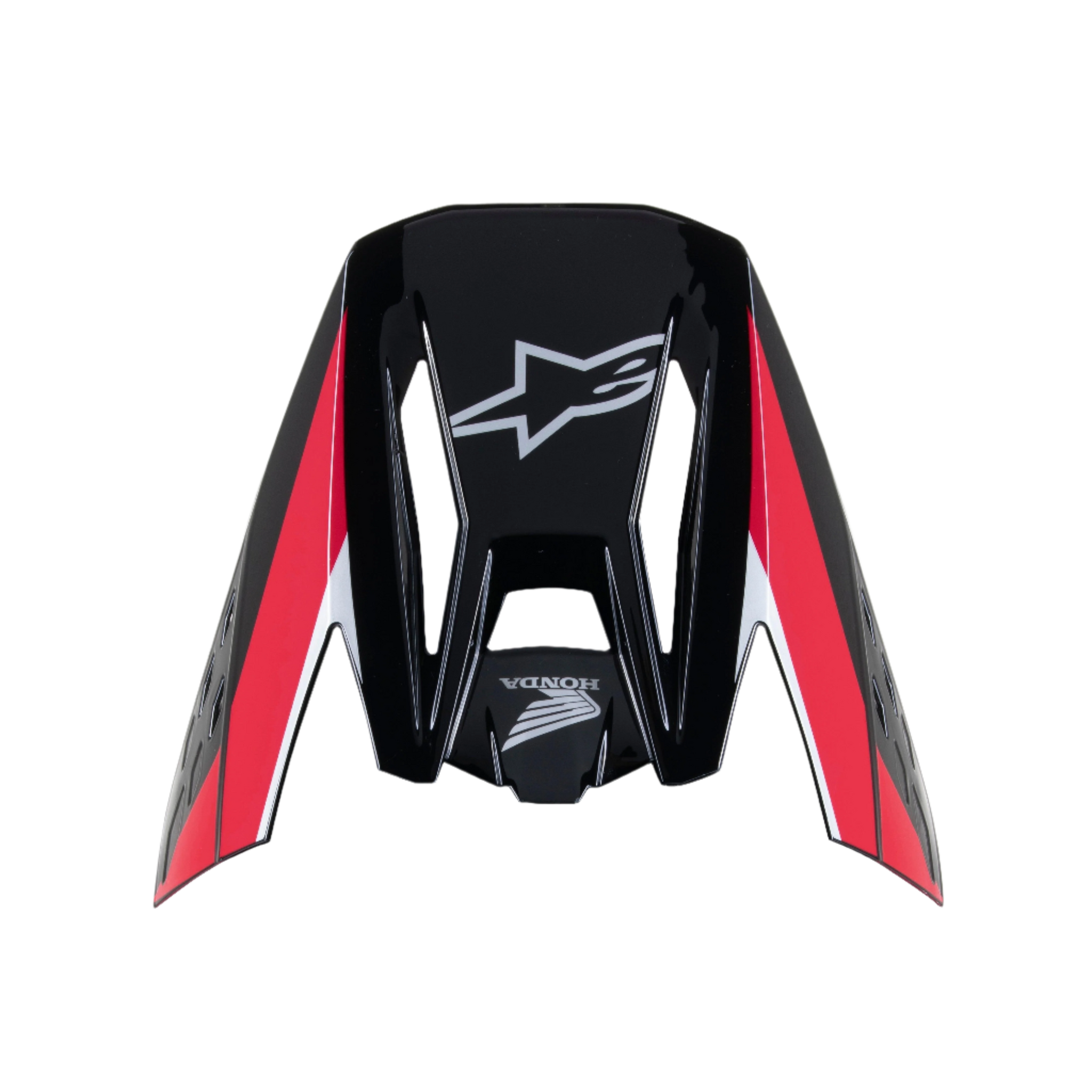 Alpinestars Honda S-M5 Visor, Black Red Glossy, motocross helmet replacement peak, featuring white Alpinestars and Honda logos, red and white graphic stripes, glossy finish for off-road riding
