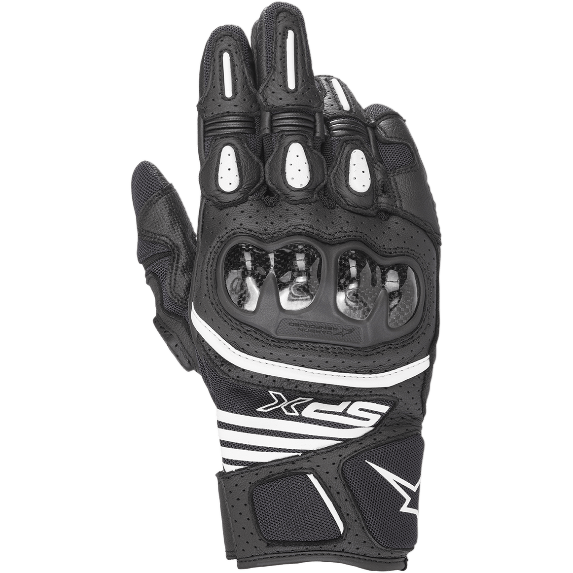 Alpinestars SPX AC V2 Gloves, Short-Cuff Motorcycle Gloves, Black and White, featuring glossy carbon knuckle protection, perforated leather and mesh for ventilation, white TPR finger inserts, and sporty SPX branding