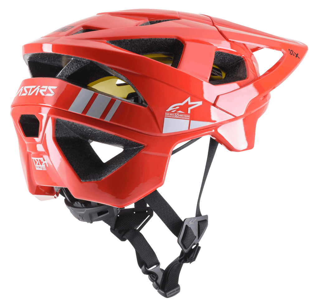 Alpinestars Vector Tech A2 MTB Helmet, Mountain Bike Helmet, Bright Red and Light Gray Glossy, featuring 19 ventilation openings, white logo branding, yellow MIPS liner, and adjustable black chin strap, durable and lightweight for off-road protection