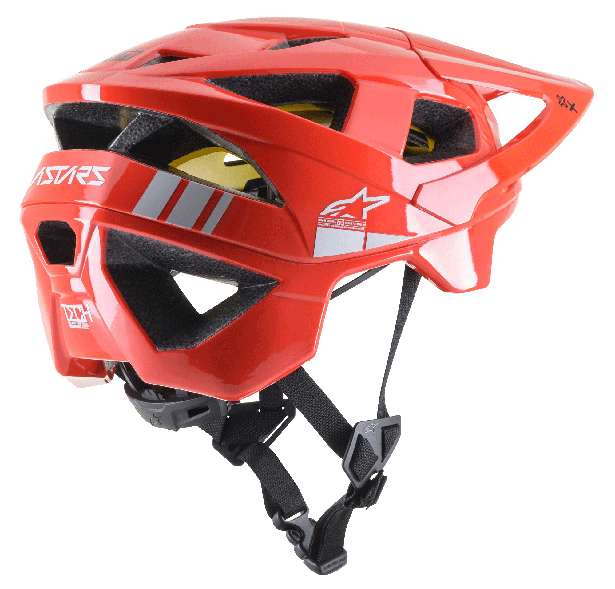 Alpinestars Vector Tech A2 MTB Helmet, Mountain Bike Helmet, Bright Red and Light Gray Glossy, featuring 19 ventilation openings, white logo branding, yellow MIPS liner, and adjustable black chin strap, durable and lightweight for off-road protection