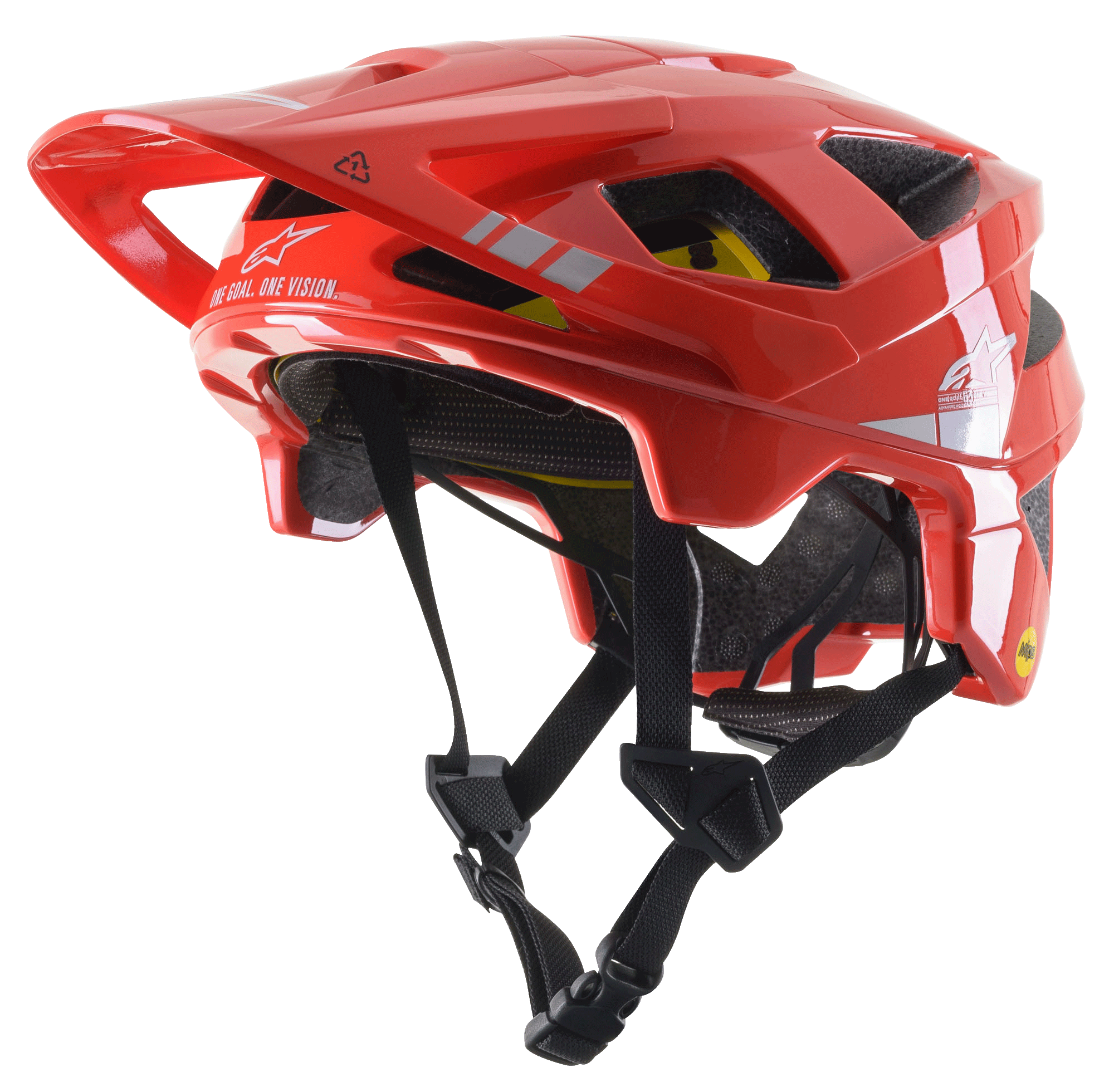 Alpinestars Vector Tech A2 MTB Helmet, Bright Red with Light Gray Glossy accents, white Alpinestars logos and graphics, adjustable visor, multiple ventilation ports, black chin straps, and lightweight mountain bike design