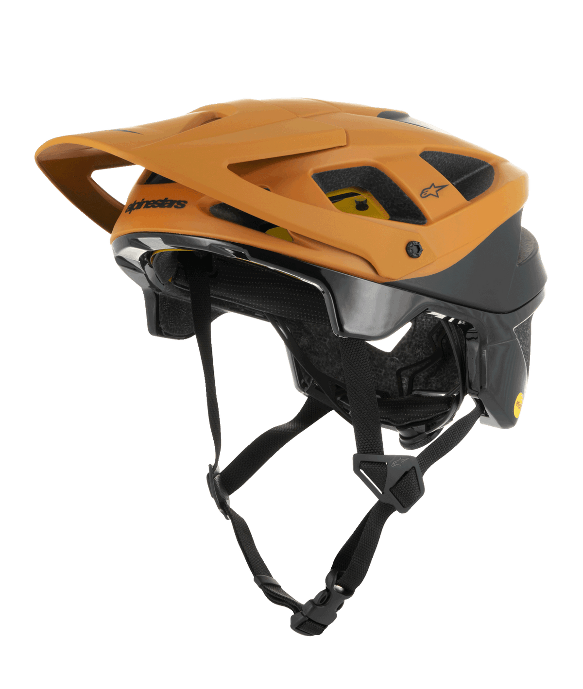 Alpinestars Vector Tech Zeal Helm, MTB-Mountainbike-Helm, Orange und Schwarz mit gelbem Mips-Logo, verfügt über ein großes Frontvisier, mehrere Belüftungsöffnungen und einen verstellbaren Kinnriemen, entwickelt für Schutz auf Offroad-Trails
