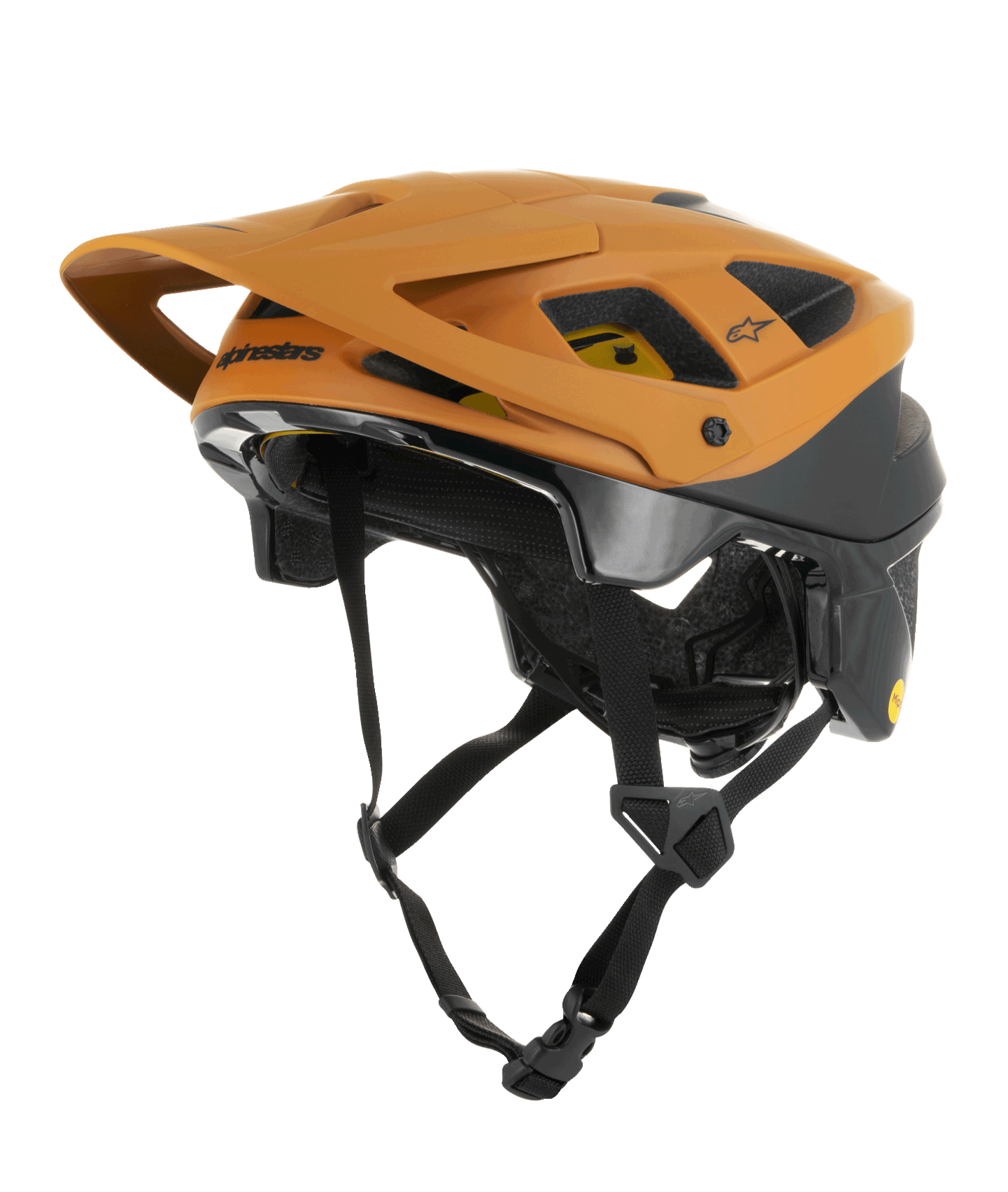 Alpinestars Vector Tech Zeal Helm, MTB-Mountainbike-Helm, Orange und Schwarz mit gelbem Mips-Logo, verfügt über ein großes Frontvisier, mehrere Belüftungsöffnungen und einen verstellbaren Kinnriemen, entwickelt für Schutz auf Offroad-Trails