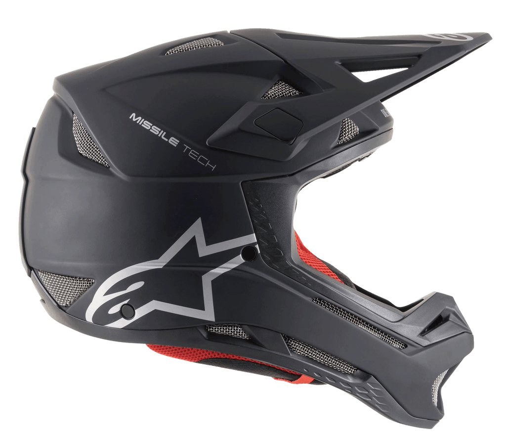 Alpinestars Missile Tech Solid Helm in Schwarz Matt, Downhill-MTB-Helm mit Mesh-Belüftung und silbernem Logo.