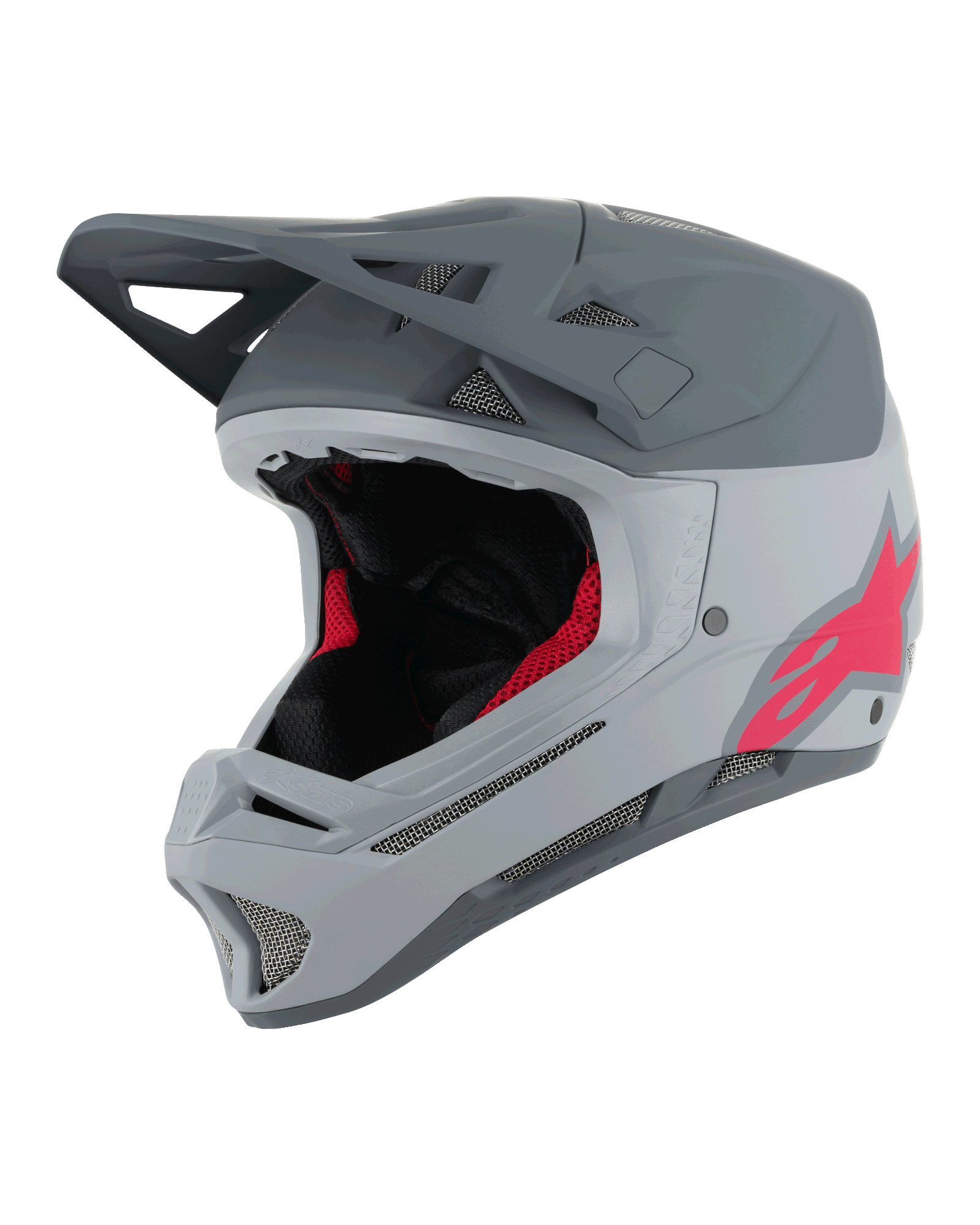 Alpinestars Missile Tech Racer Helm, Full-Face MTB-Helm, Hellgrau und Dunkelgrau Matt mit pinkem Astars-Logo, Aerodynamisches Visier, Mehrere Belüftungsöffnungen mit Mesh, Schwarze und rote Innenpolsterung, Downhill-Mountainbike-Ausrüstung