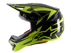 Alpinestars Missile Tech-Air Full Face Helmet, MTB Full Face Helmet, Black and Yellow Fluo Glossy, side profile view highlighting large yellow star logo, mesh air vents, and aerodynamic visor for downhill mountain bike riding.