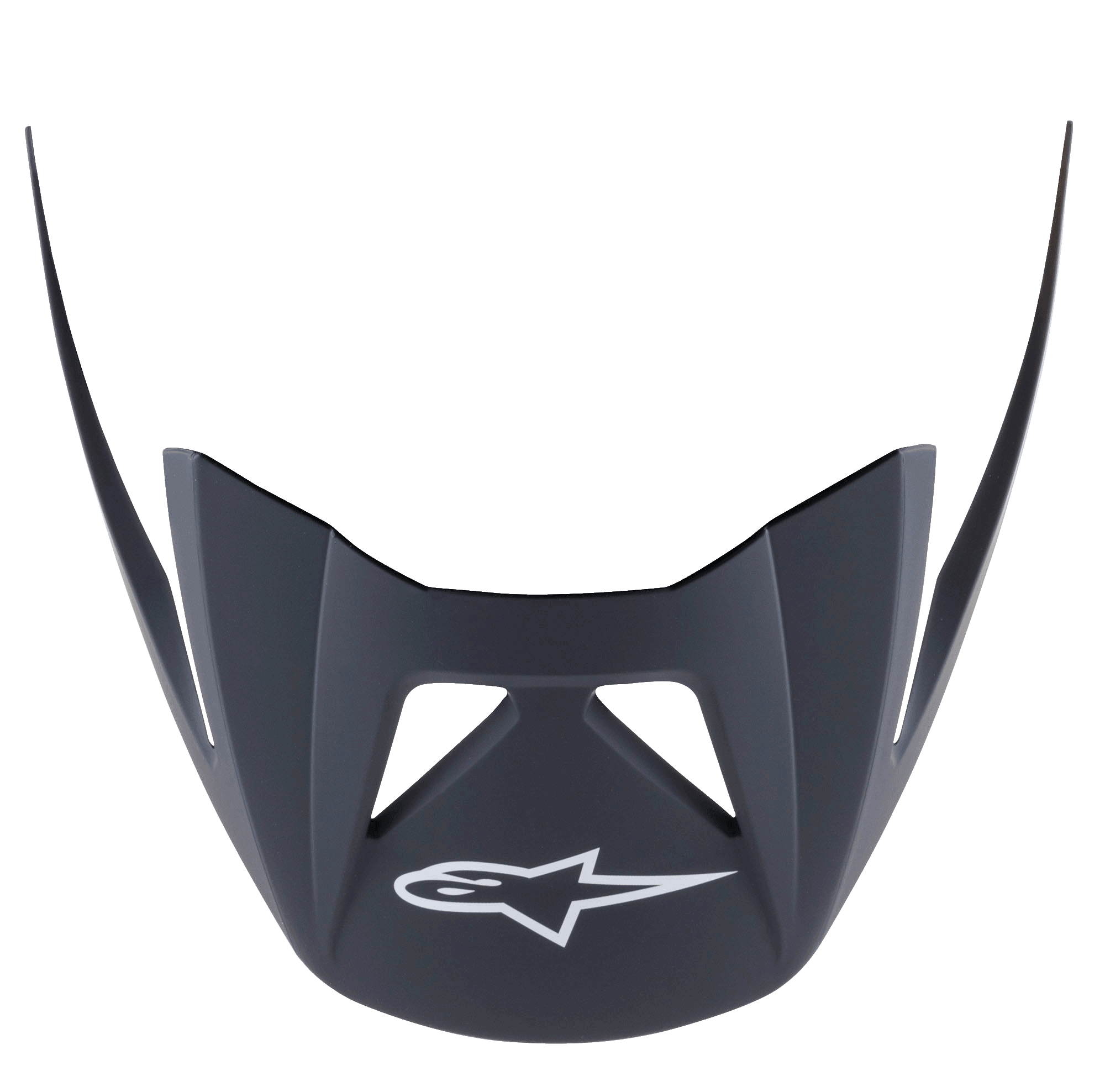 Alpinestars Visor Vector Pro A2, MTB-Helm-Ersatzvisier, Ebony Matt Schwarz, mit weißem Astars-Logo auf der Vorderseite, kantige aerodynamische Form mit Belüftungsausschnitten, mattes Kunststoff-Finish