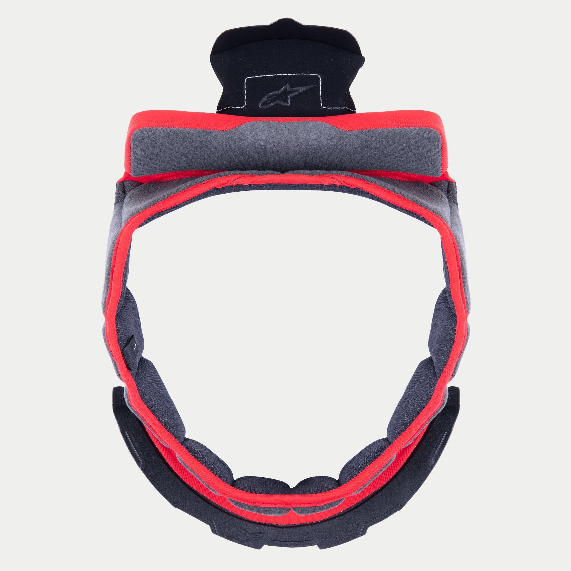 Alpinestars Supertech R10 Crown Pad, Replacement Helmet Interior Padding, Gray soft fabric with Red trim and Black attachment tabs, circular design for S-R10 helmets, featuring embroidered star logo on top tab.