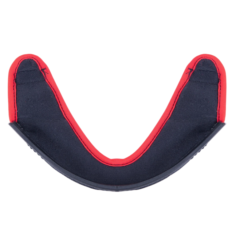 Alpinestars Supertech R10 Chin Curtain, Helmet Accessory, dark gray fabric with a prominent red stitched border and a curved black plastic edge, official replacement part for S-R10 helmets