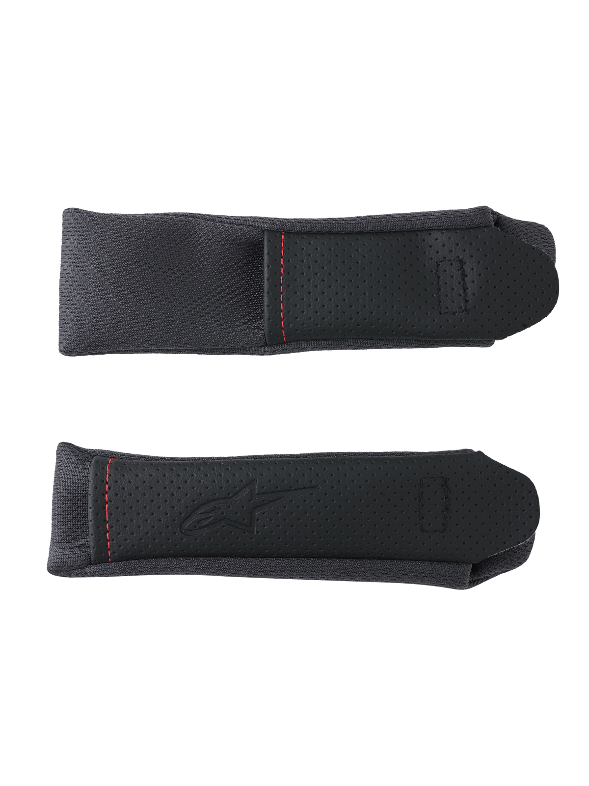 Alpinestars S R 7 Kinnriemenpolster, Motorradhelm-Zubehörteile, Schwarz und Grau, mit perforierten Paneelen und roten Kontrastnähten.