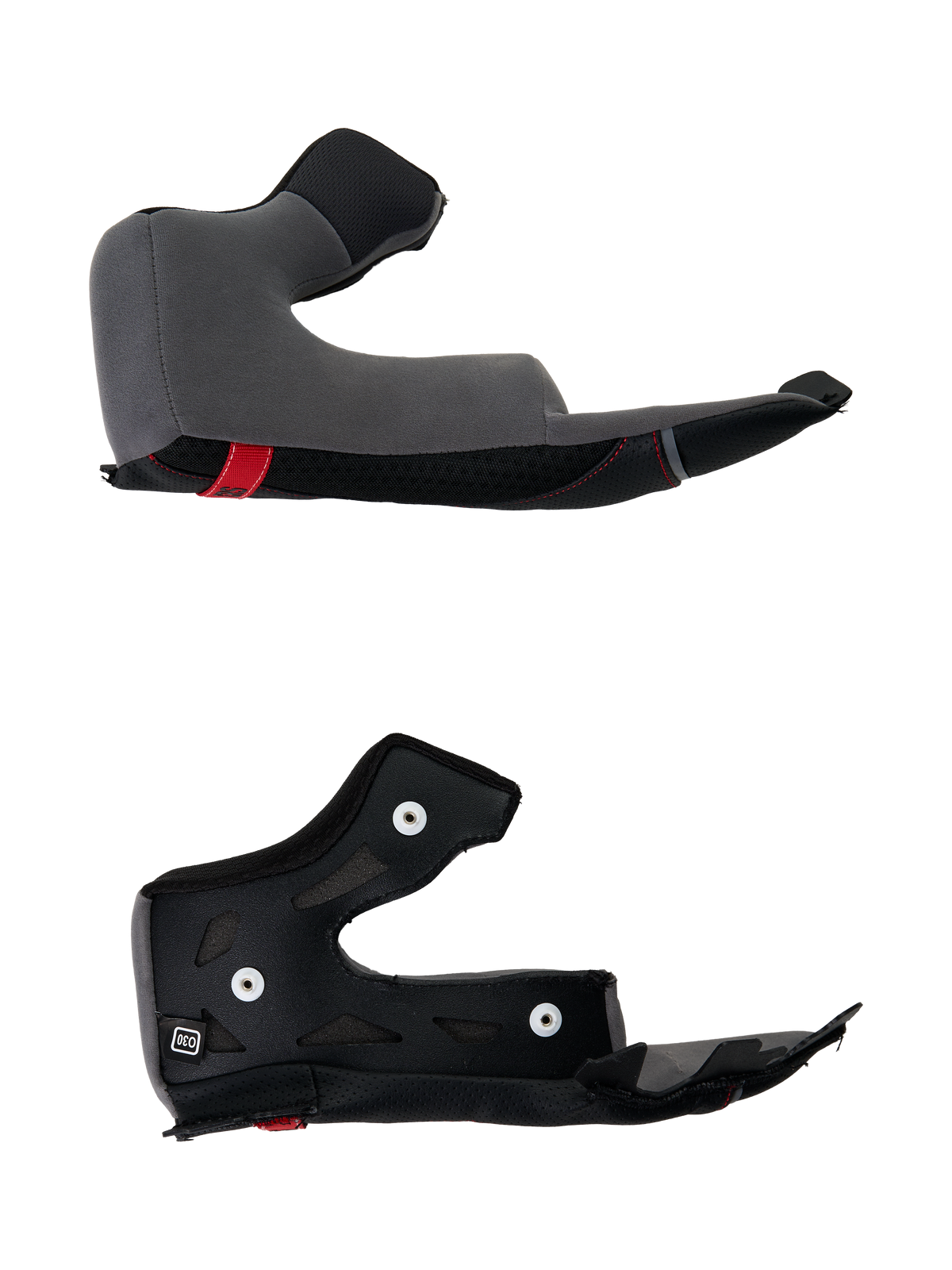 Alpinestars S-R7 Cheek Pad, replacement motorcycle helmet interior padding, gray and black polyurethane construction with mounting snaps, detailed view of helmet accessory