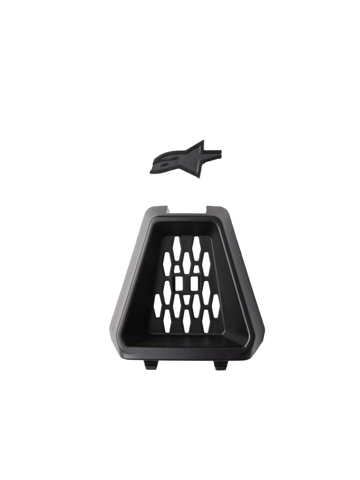 Alpinestars S-M3 Chin Vent, Helmet Accessory, Black, official replacement part featuring a trapezoidal plastic vent with a honeycomb pattern and a separate black Astars logo insert, designed for off-road motorcycle helmets.