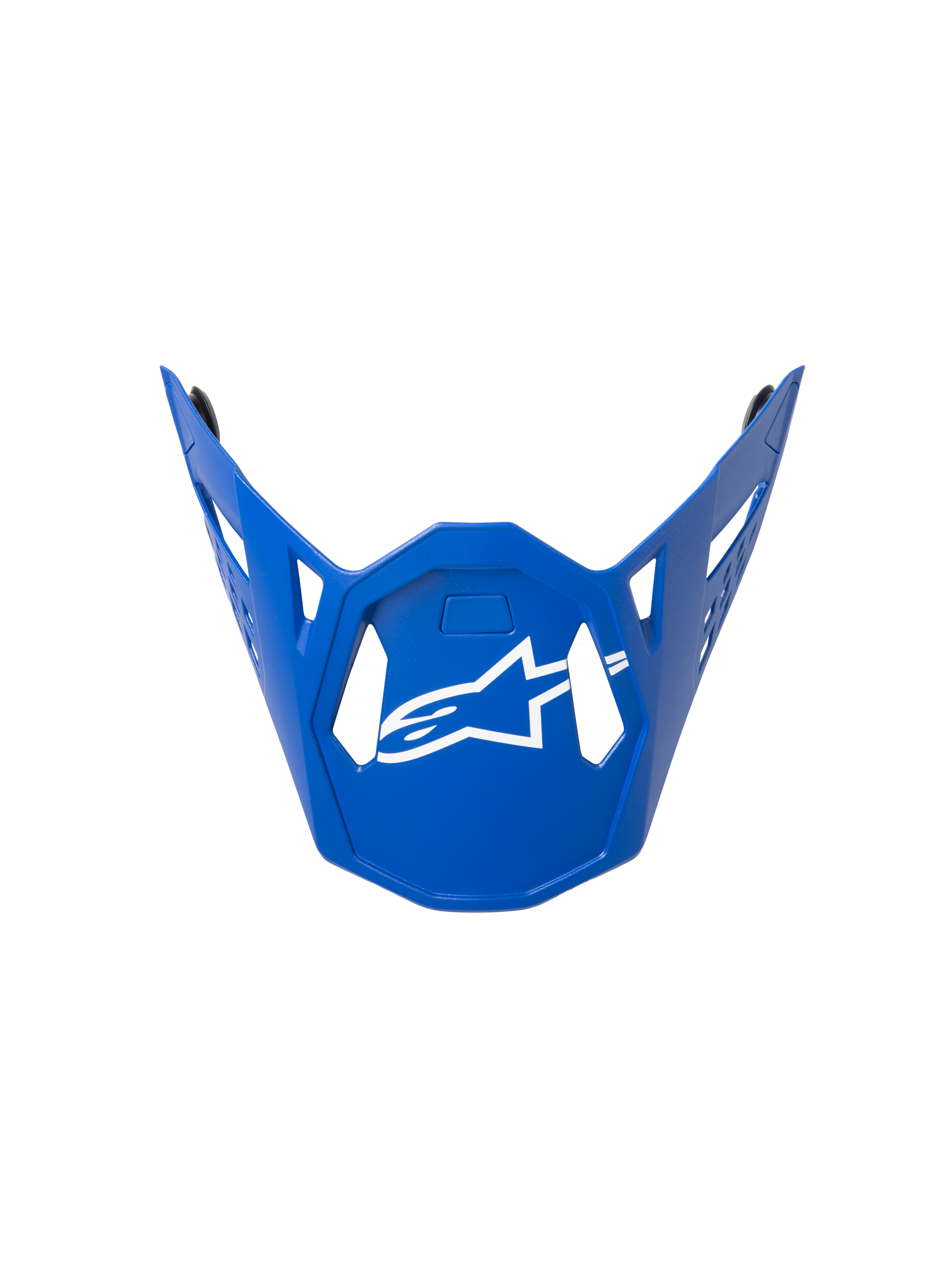 Alpinestars Supertech M10 Flood Visor, Motocross Helmet Visor, Blue with White Logo, featuring a geometric angular design with ventilation cutouts, sleek contour, official replacement part for off-road racing helmets